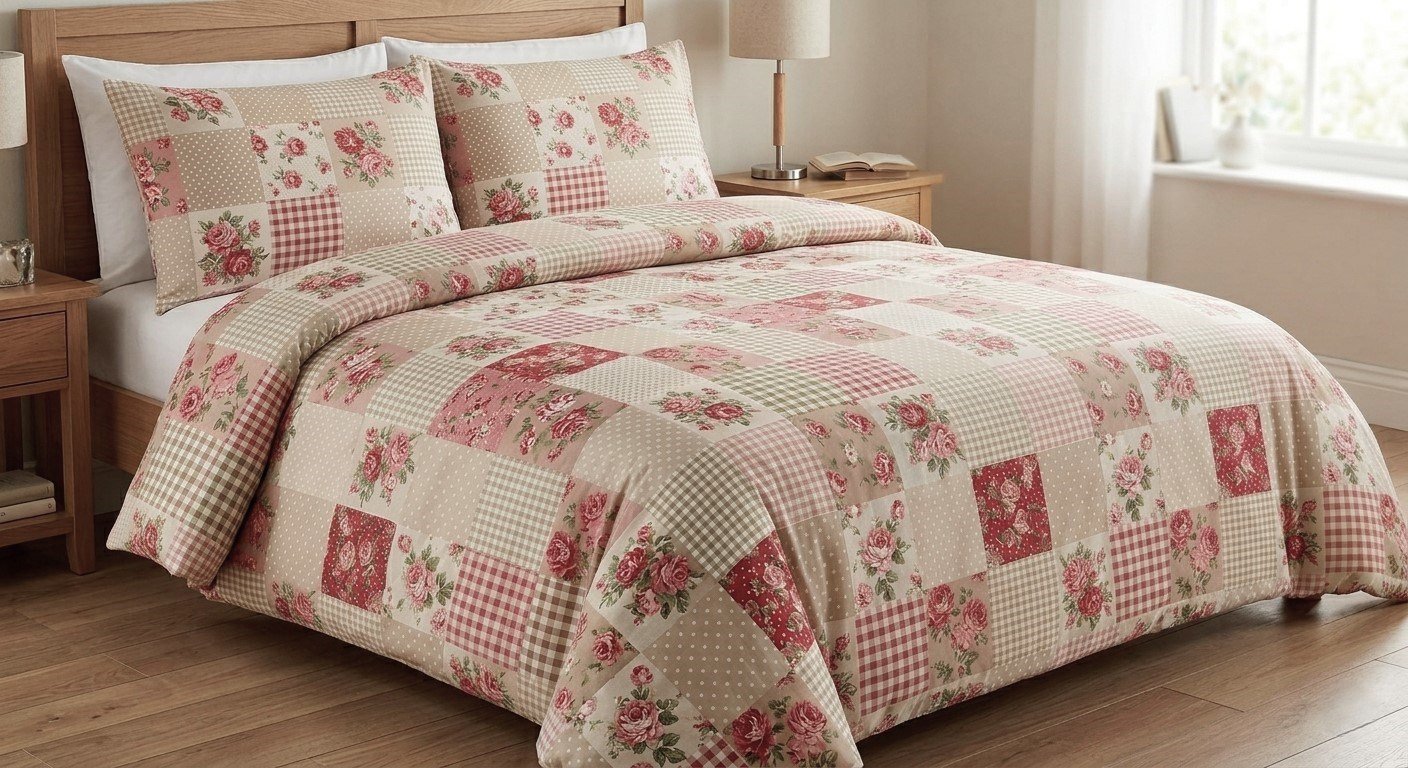 Maki Home Çift Kişilik 200x220 Pamuklu Patchwork Gül Desenli Nevresim Seti - Country Tarz Kırkyama