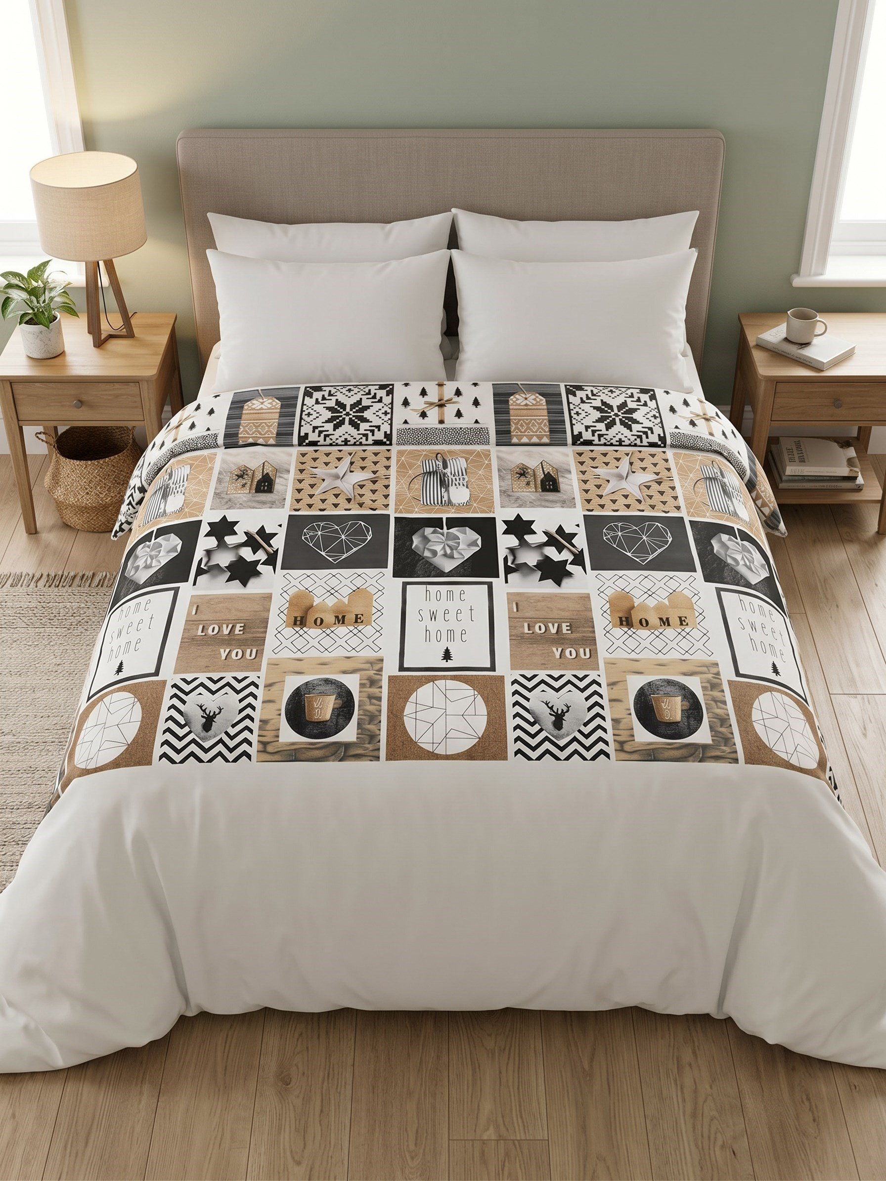 Maki Home Çift Kişilik Nevresim Seti Home Sweet Home Patchwork Rustik Geyik Ve Kalp Desenli Beyaz