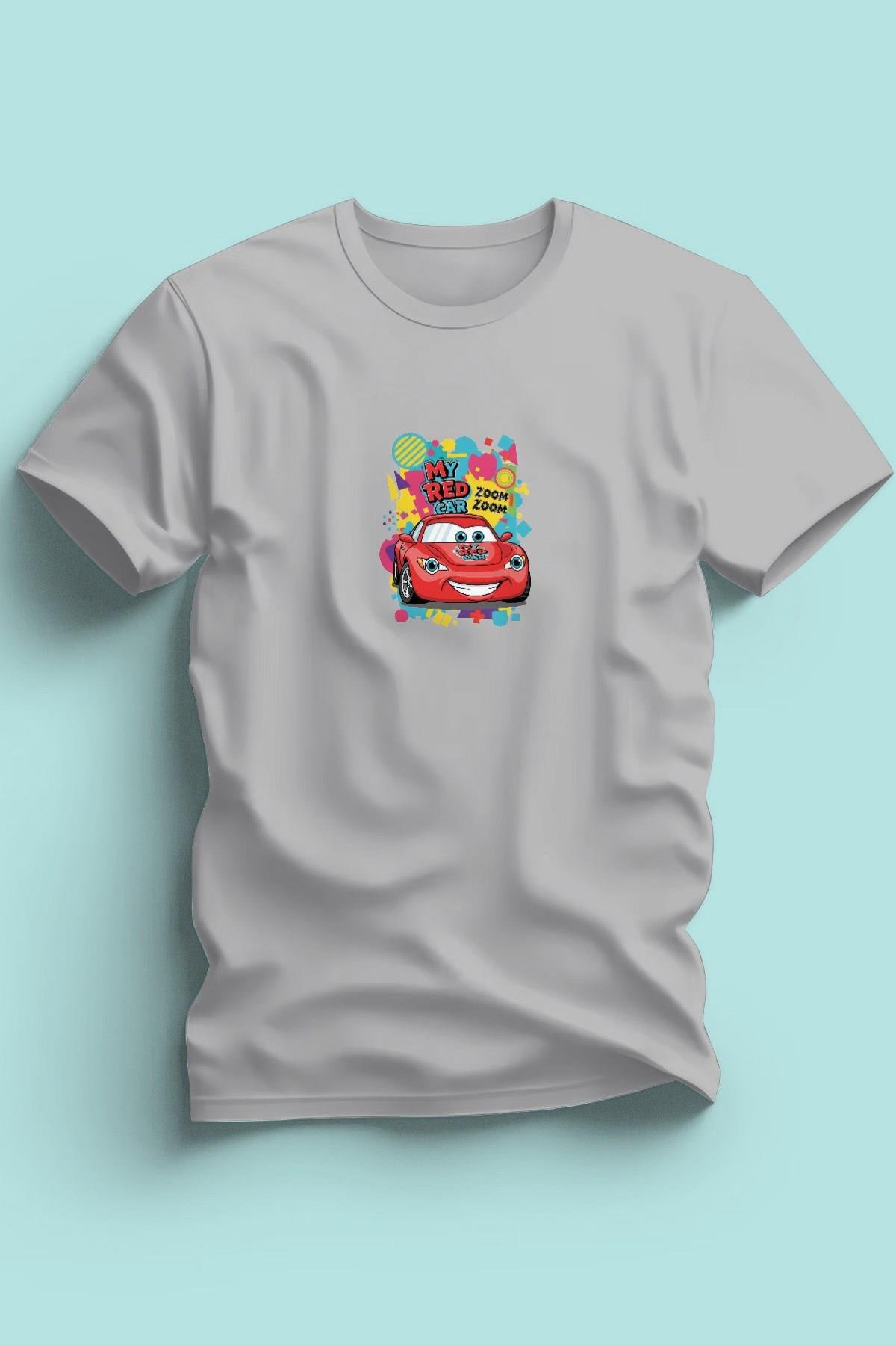 Maki Home Erkek Kırmızı Araba Baskılı Gri Tshirt 5 6 7 8 9 10 11 12 13 14 yaş tişört