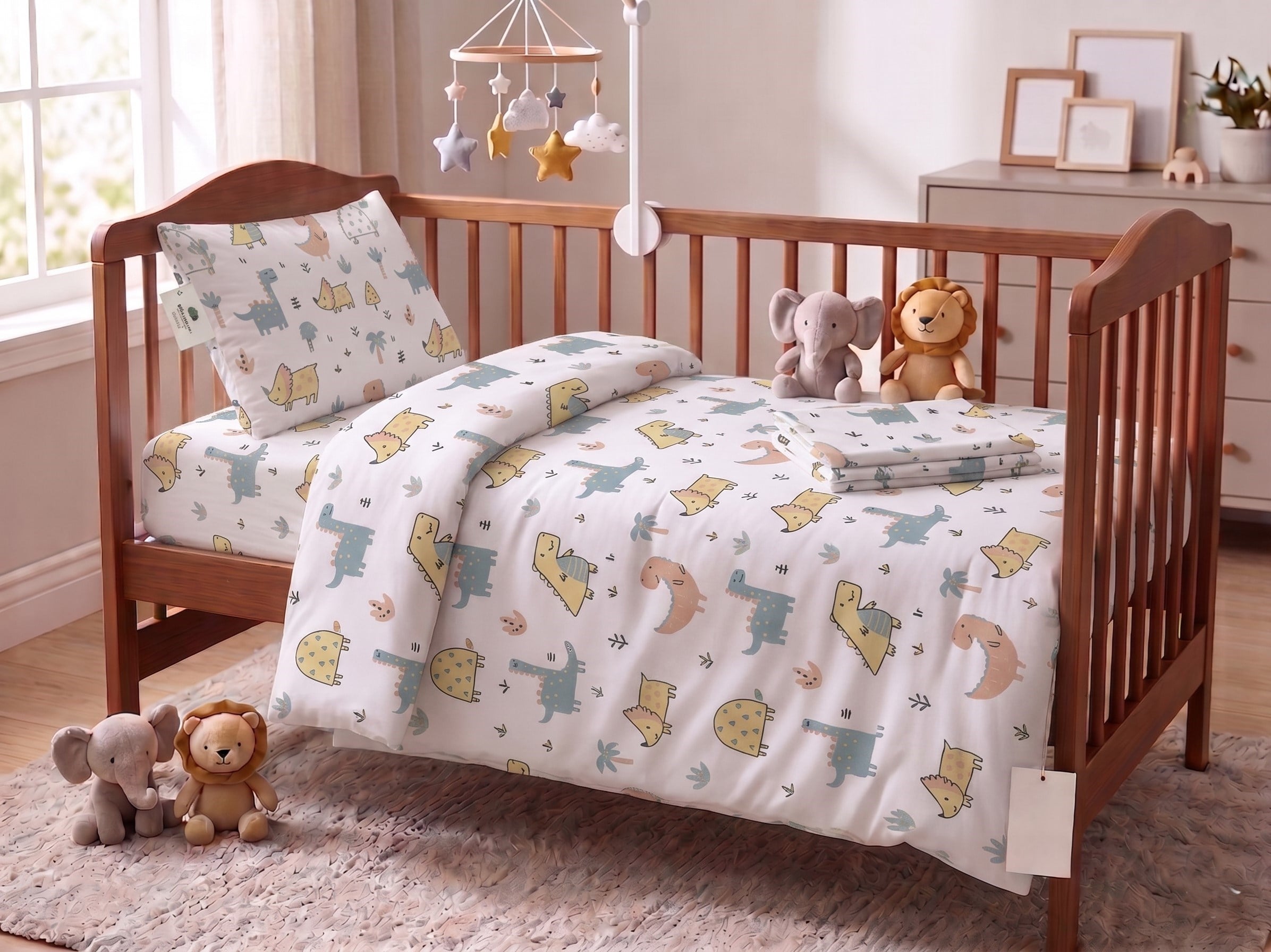 Maki Home Sevimli Dinazor Desenli %100 Pamuklu Bebek Nevresim Takımı - Beyaz Beşik Seti 4 Parça