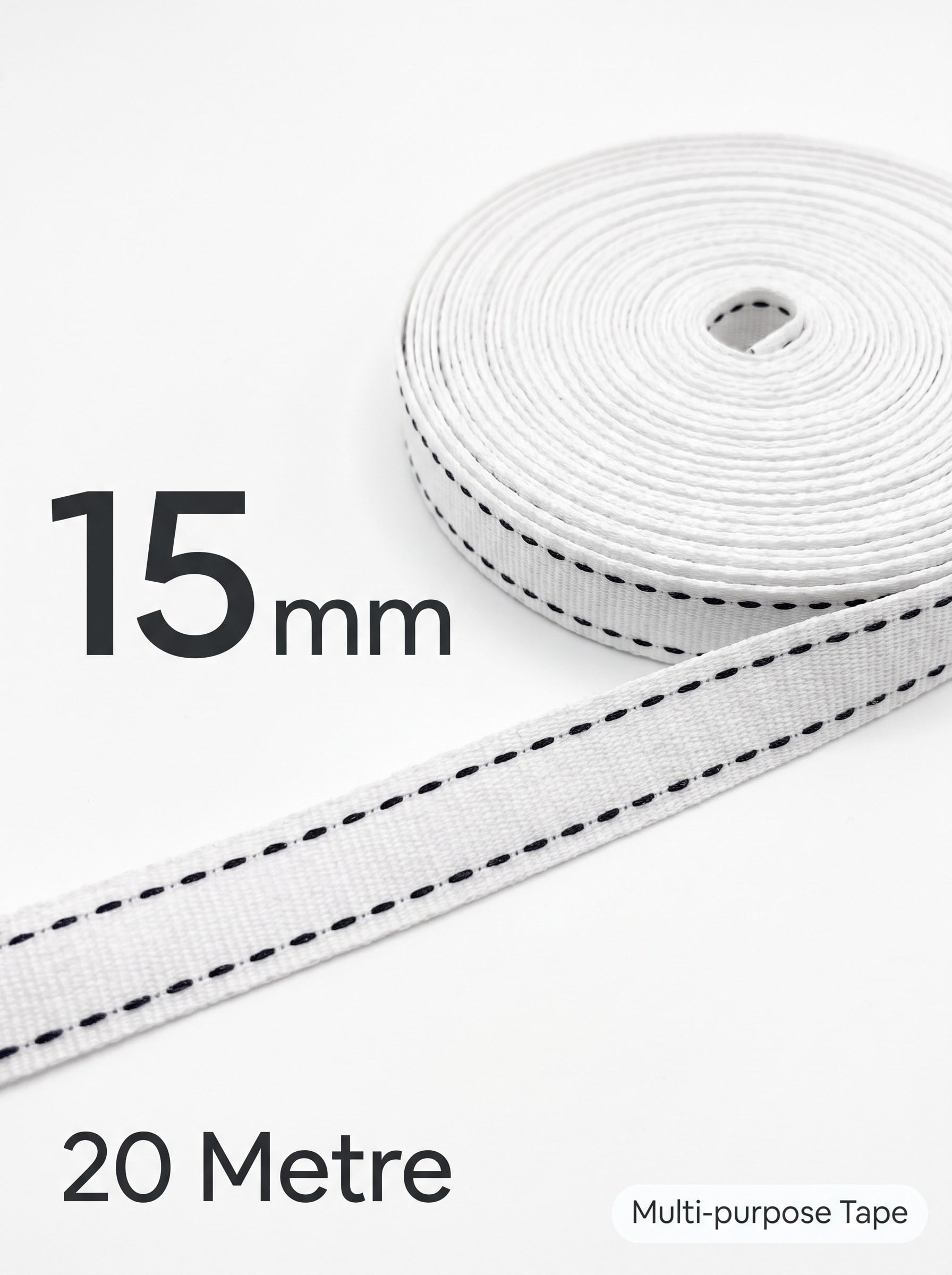 Maki Home Siyah Dikiş Detaylı Beyaz Şerit Kurdele 1.5 cm En 20 Metre Uzunluk 
