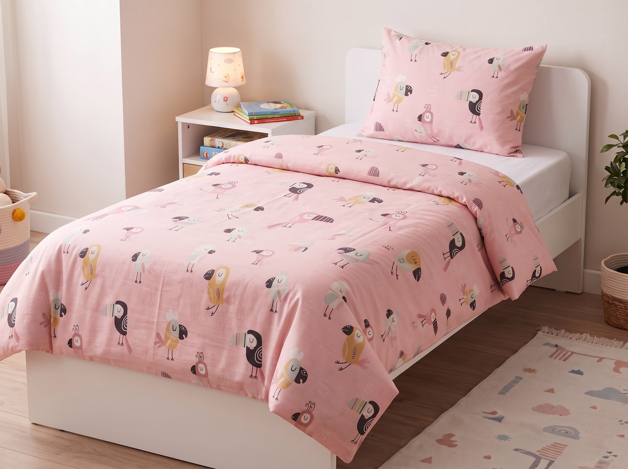 Maki Home Tek Kişilik 160x220+50x70 Kuş Desenli Pembe Çocuk Nevresim Takımı %100 Pamuk