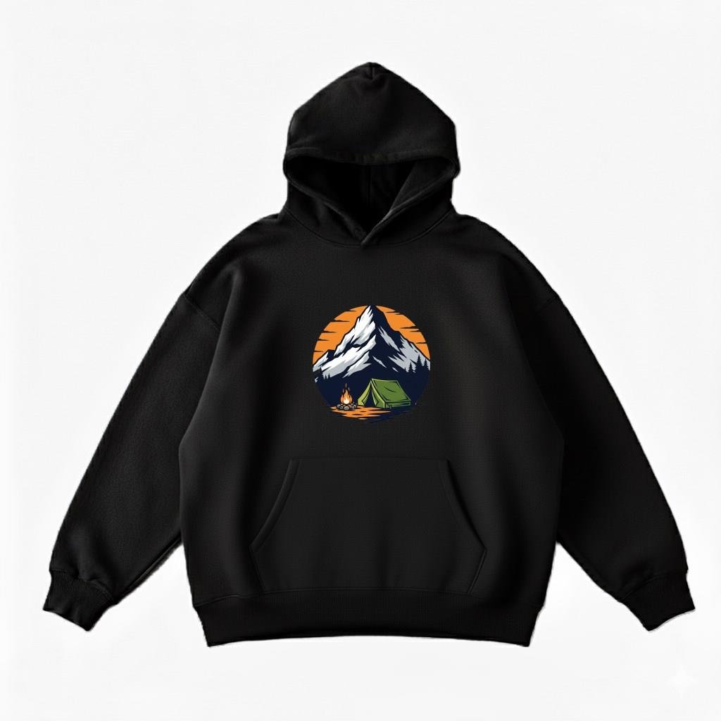 Makiteks Siyah Pamuklu Unisex Kanguru Cepli Kapüşonlu Rahat Kesim Camping Baskılı Sweatshirt
