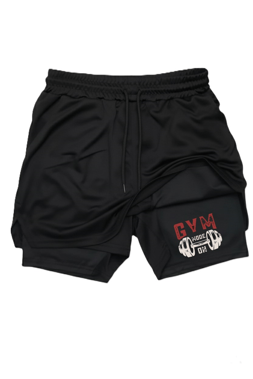 Makiteks Siyah Taytlı Şort - Gym Mode On Baskılı Çift Katlı Hızlı Kuruyan Spor Şortu Fitness Gym
