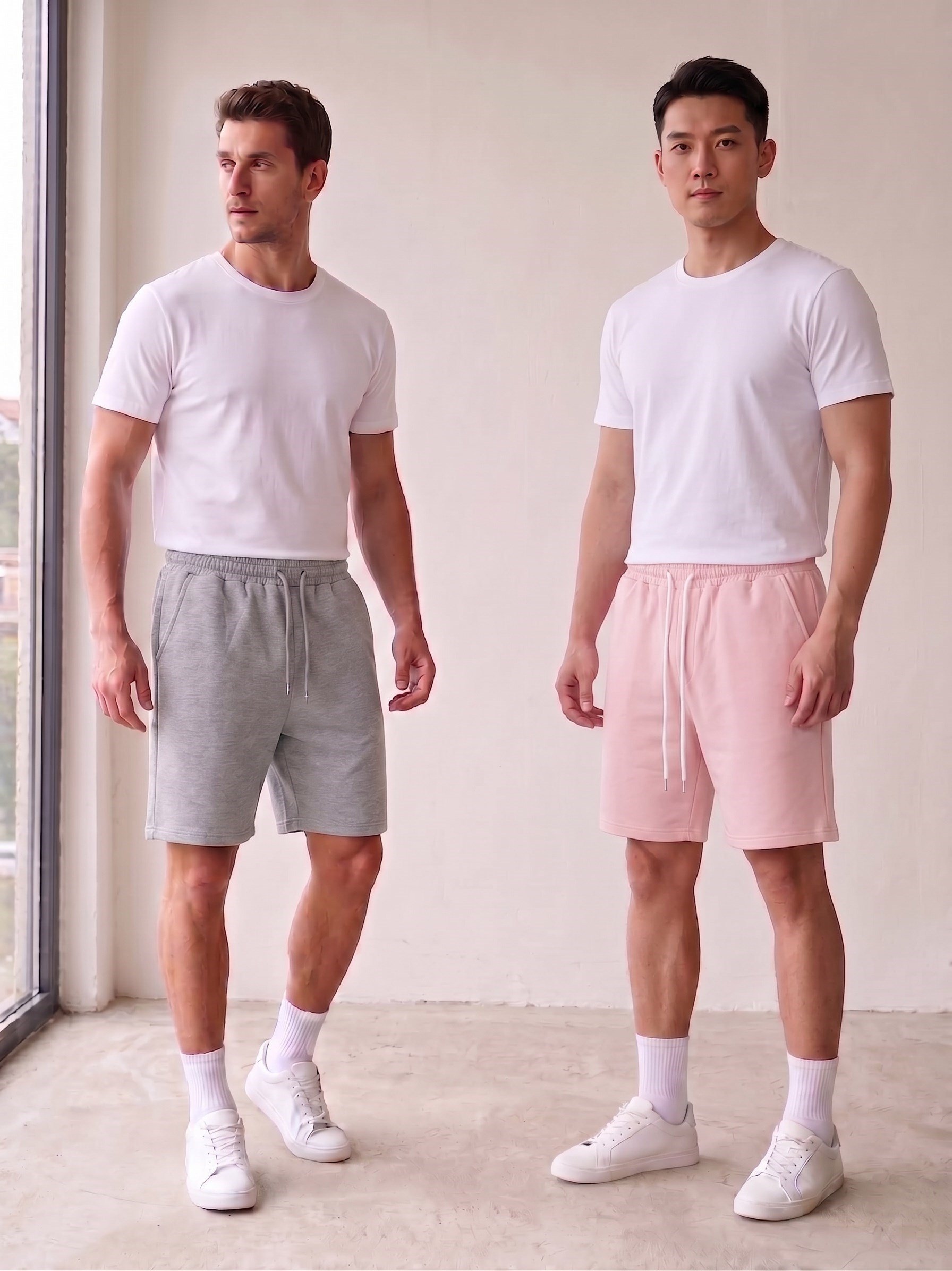 Unisex Kadın Erkek Gri Pembe İkili Rahat Kesim Beli Lastikli Cepli Penye Şort Günlük Basic Bermuda