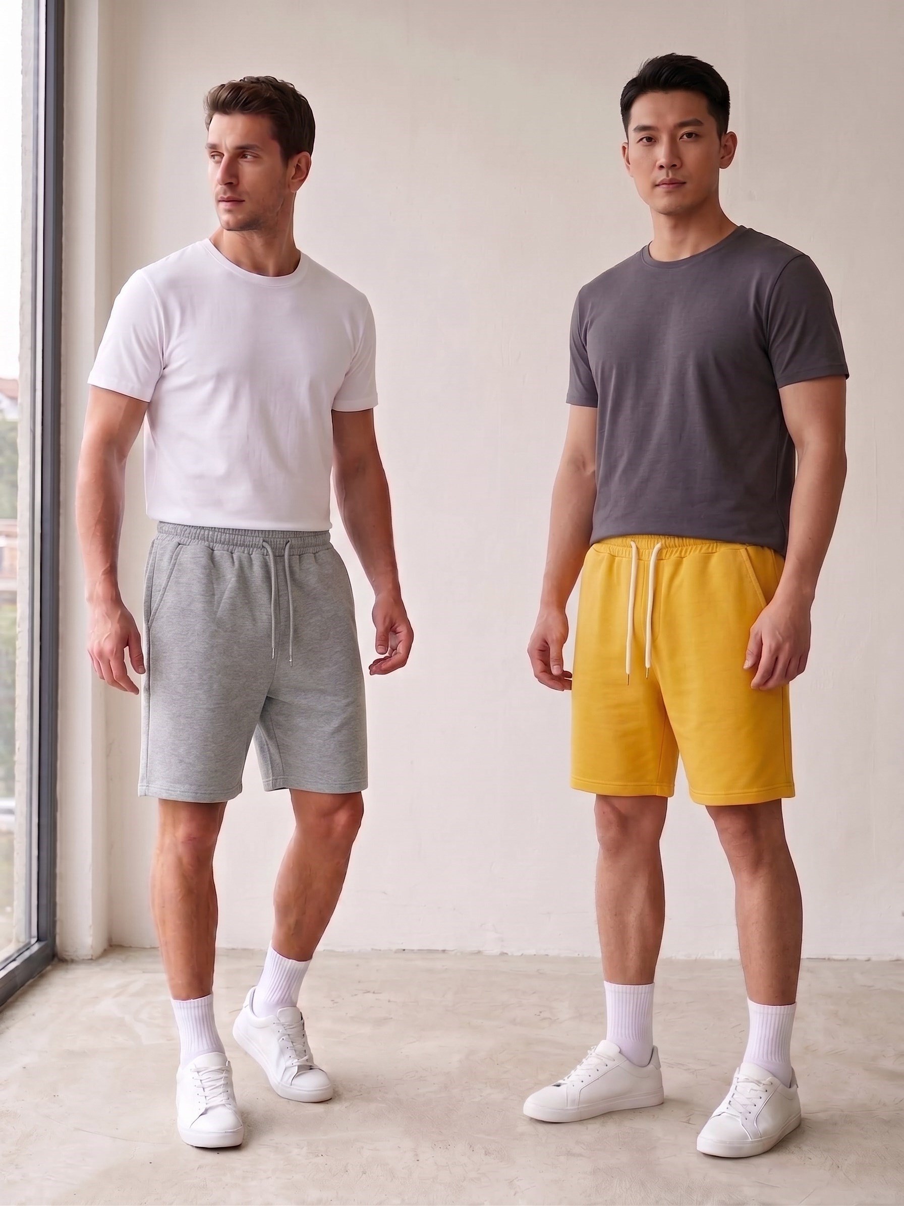 Unisex Kadın Erkek Mavi Sarı İkili Rahat Kesim Beli Lastikli Cepli Penye Şort Günlük Basic Bermuda