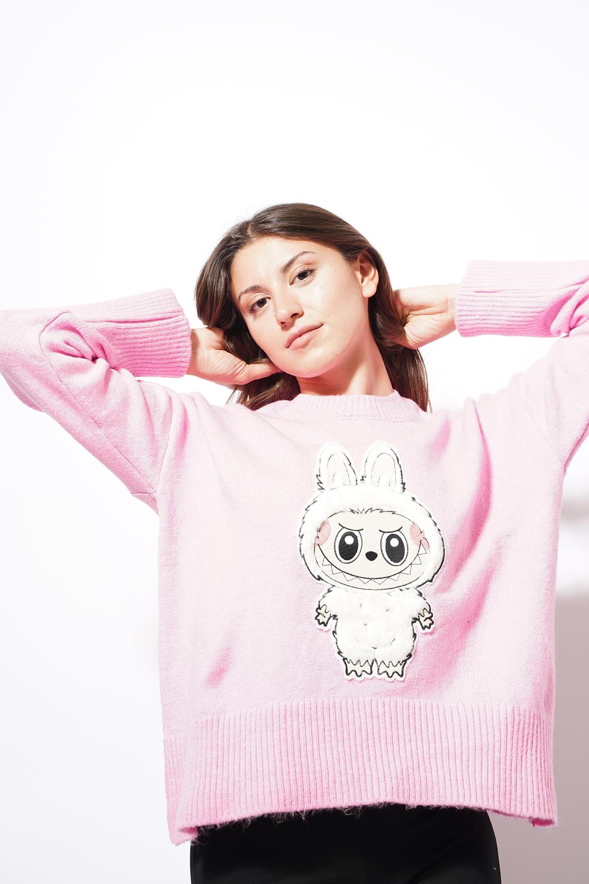 Bunny Labubu Detaylı Triko Kazak Pembe
