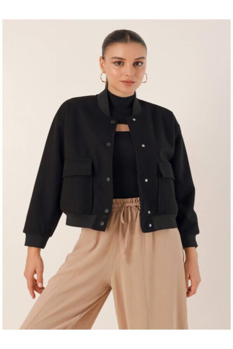 Çift Cepli Crop Ceket Siyah