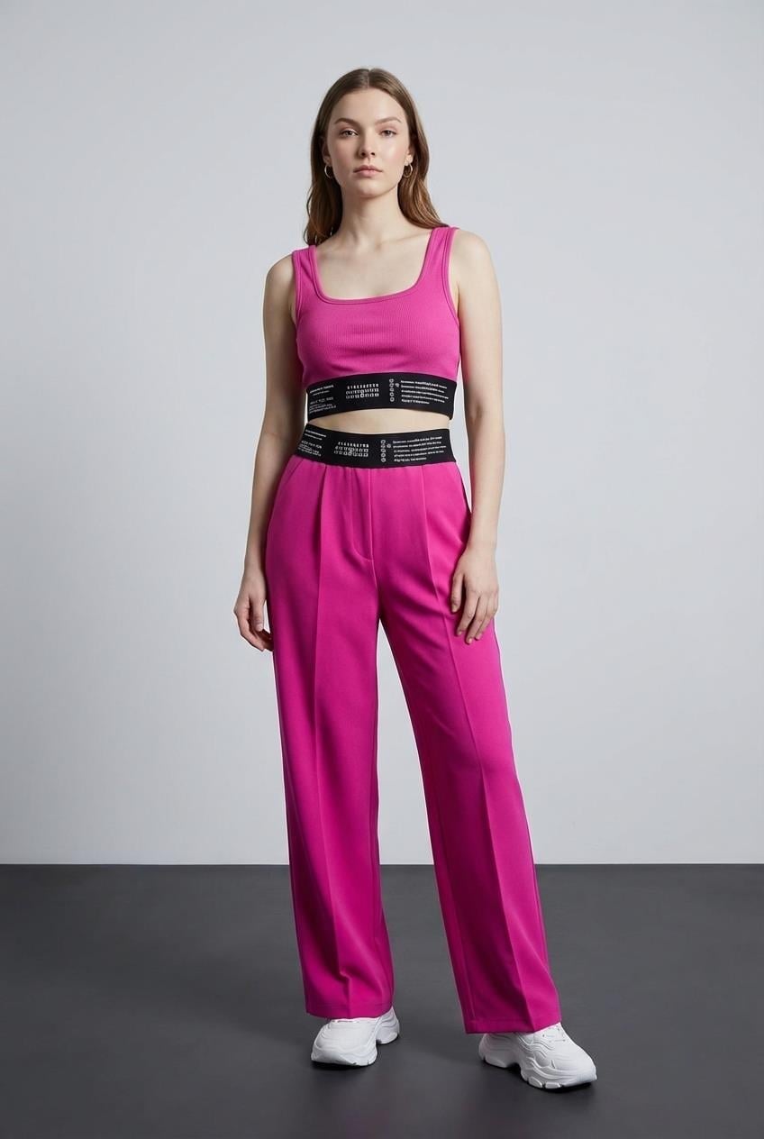 İcen Lastik Detaylı Crop Top Atlet  Fuşya