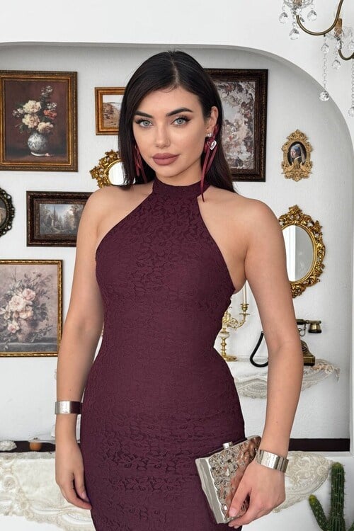Jenel Boyun Bağlamalı Midi Elbise Mürdüm