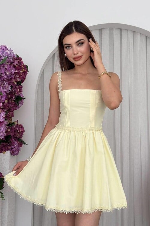 Merna Tül Askılı Mini Elbise Sarı