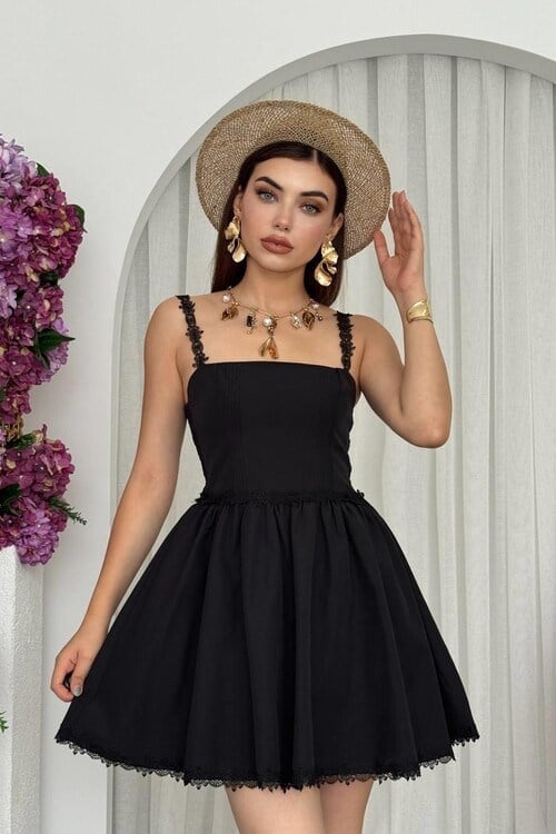 Merna Tül Askılı Mini Elbise Siyah