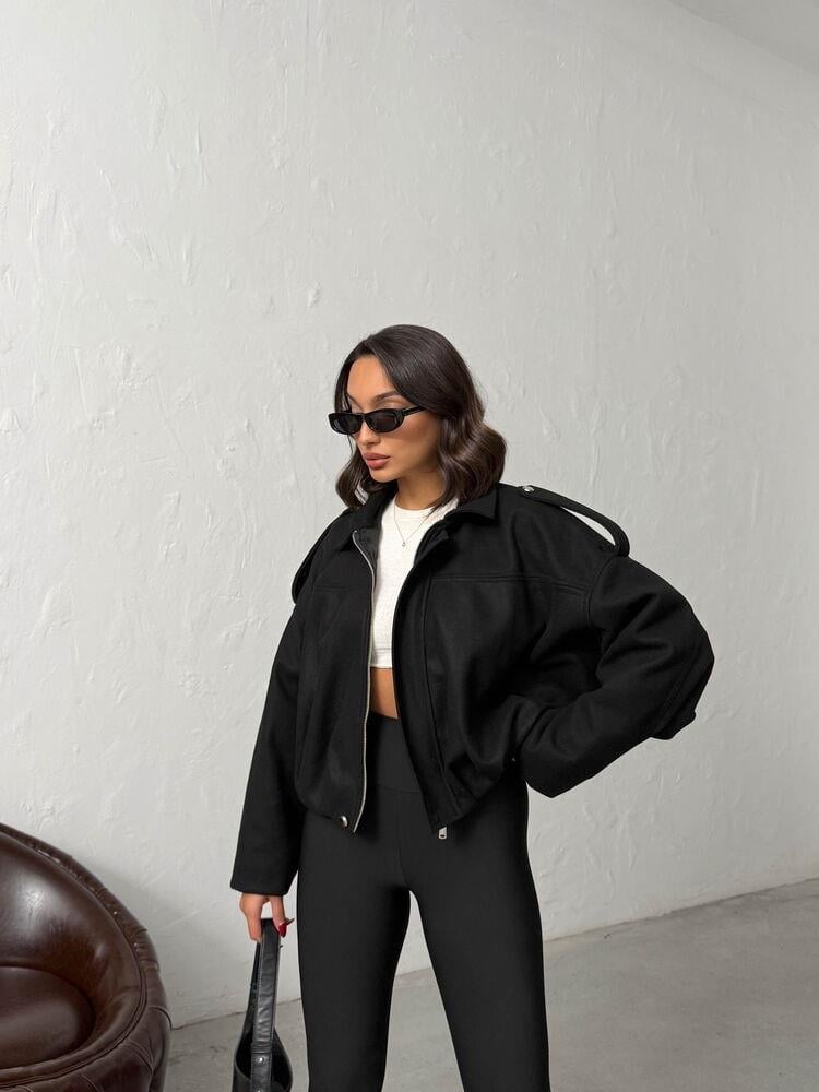 Oversize Kaşe Bomber Mont Siyah Siyah