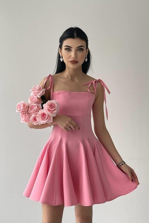 Perliy Askılı Mini Elbise Pembe