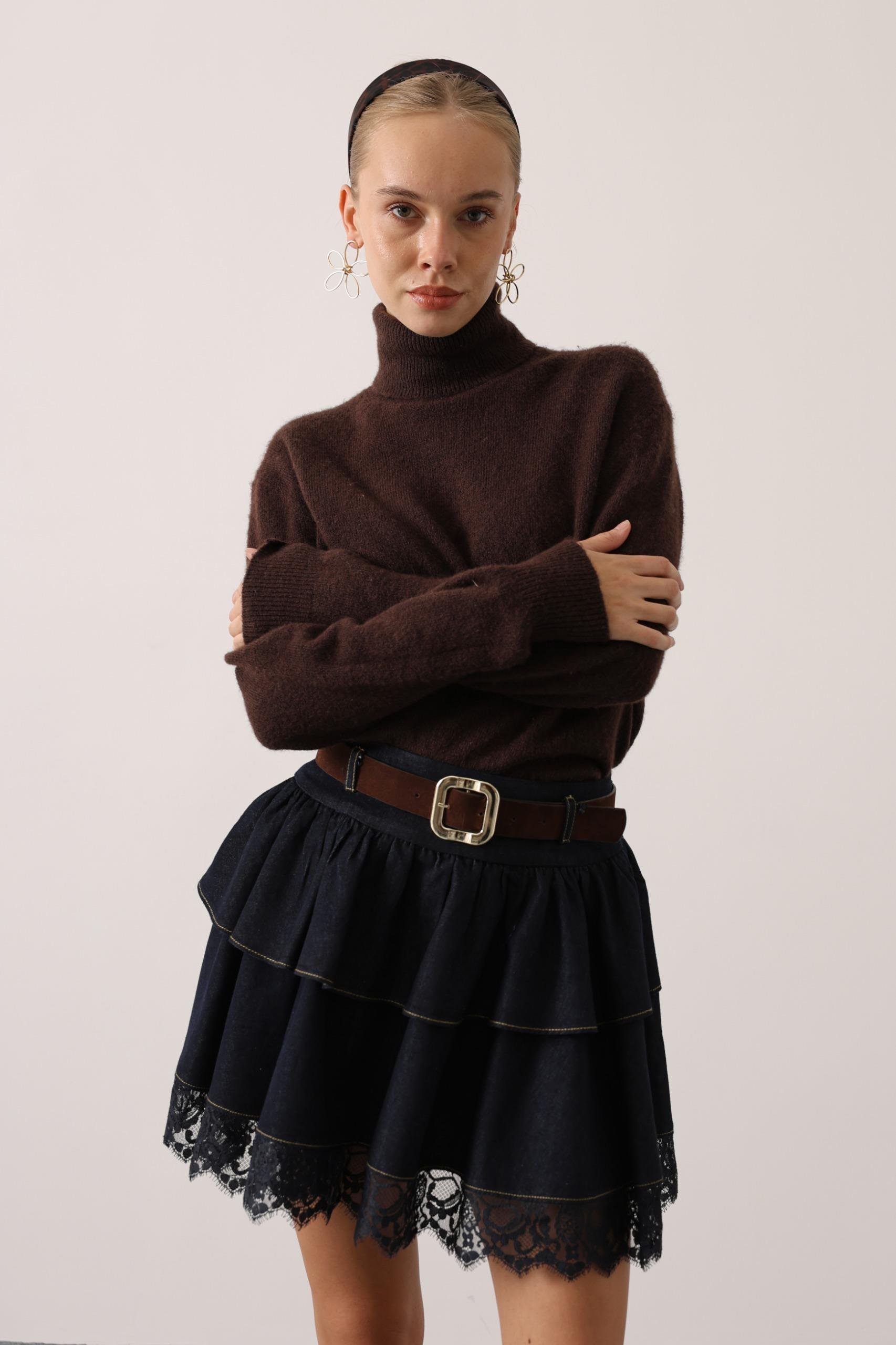 Roxie Kat Kat Dantelli Denim Mini Etek Kot Mavi