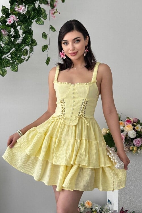 Soyra Bağcıklı Düğme Detaylı Mini Elbise Sarı