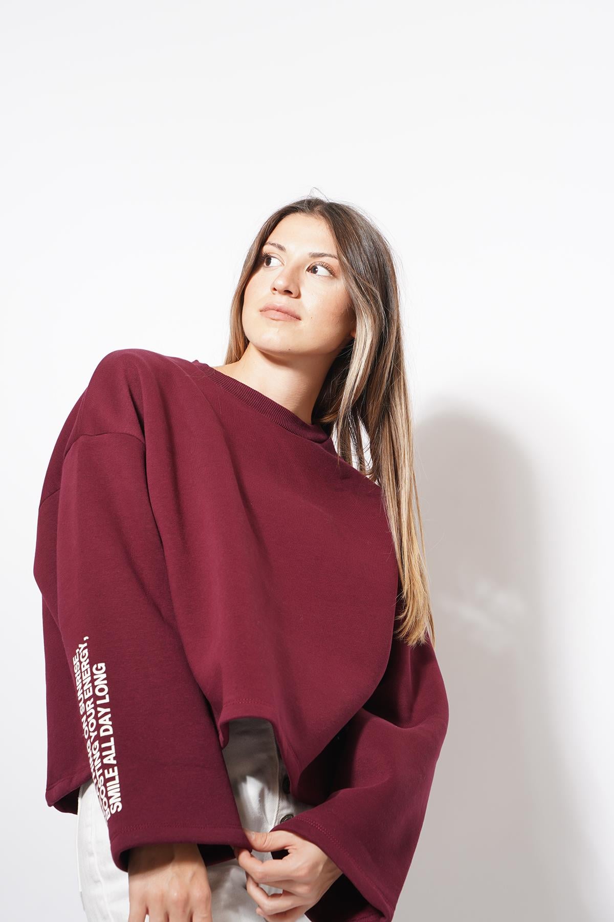 Wonders Arkası Ve Kolu Yazılı Sweat Bordo