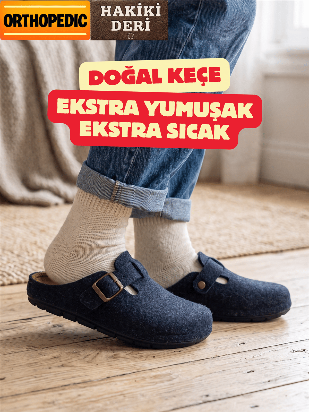 Doğal Keçeli Ortopedik Hakiki Deri Kışlık Ev Terliği Tokalı Mekval dikişli 9 Dokunuş
