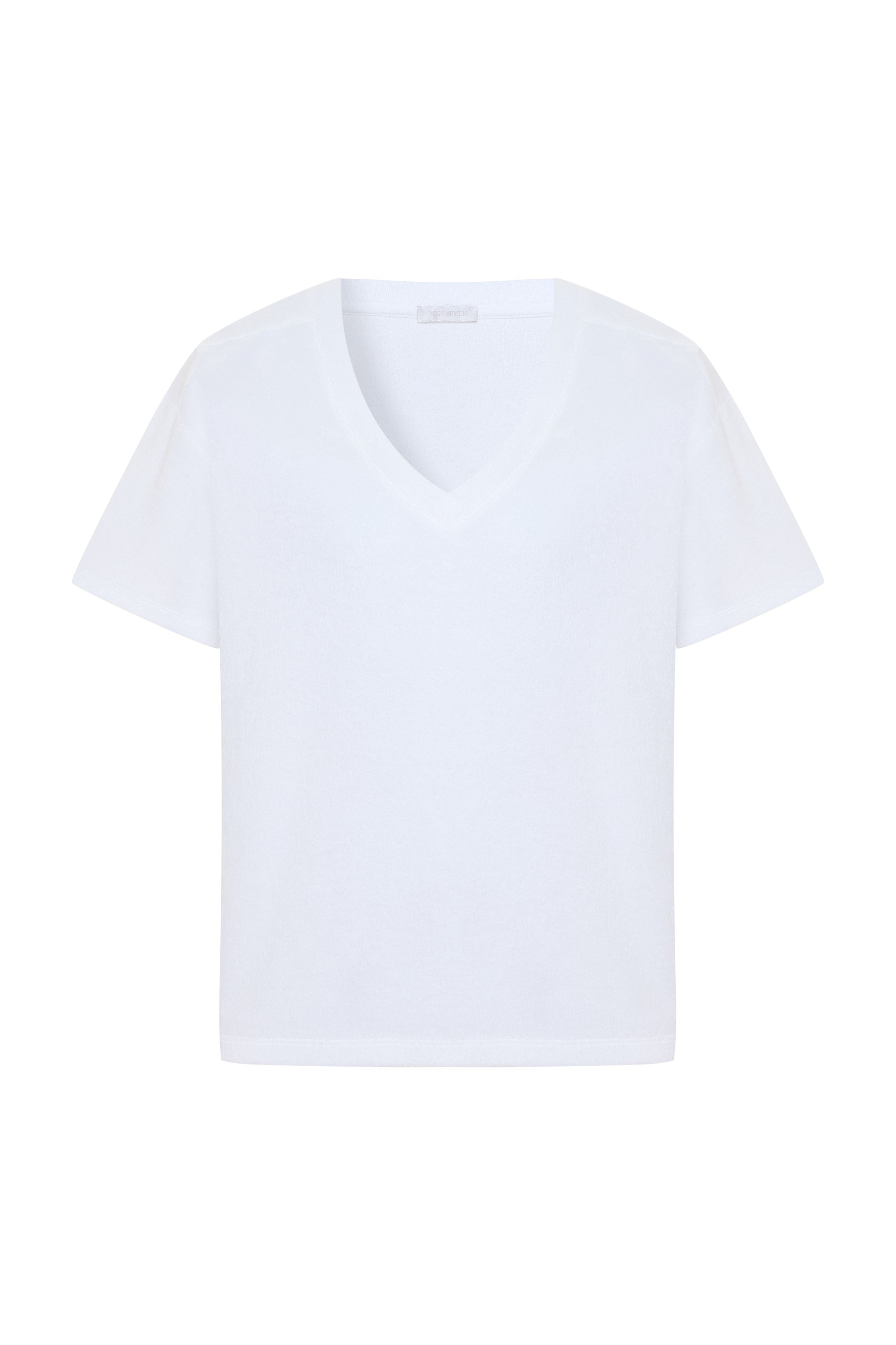 %100 Bambu Havlu Dokulu V Yaka Beyaz Kadın T-Shirt – Elowen