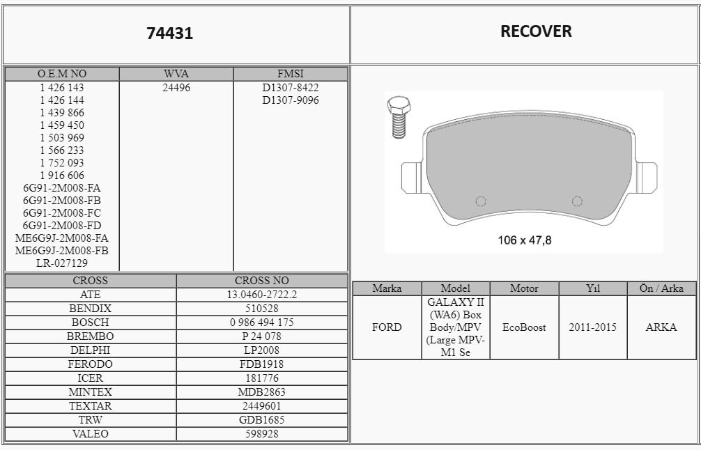 Disk Balata Arka S Max 06>14 S60 Iı 10> S80 Iı 06> Xc60 08> Xc70 Cross Country 97>07 Xc70 Iı 07> Freelander 2 06>14 Ran Recover 74431