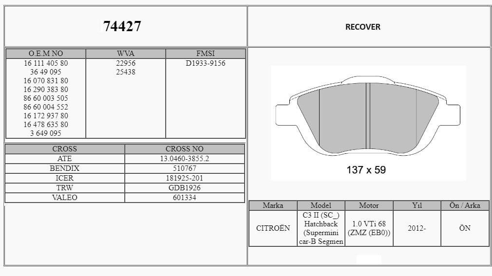 Disk Balata Ön 2008 13> 208 Iı 19> C3 02> C4 Cactus 14> Ds 3 09> Corsa F 19> Crosland X 17> Recover 74427