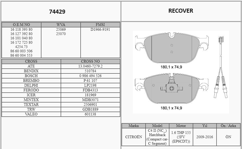 Disk Balata Ön 308 07>13 407 04> 508 10> Rcz 10> C5 08> C6 05> Ds4 11>15 Ds5 11>15 Grand Chorekee IV 10> Recover 74429