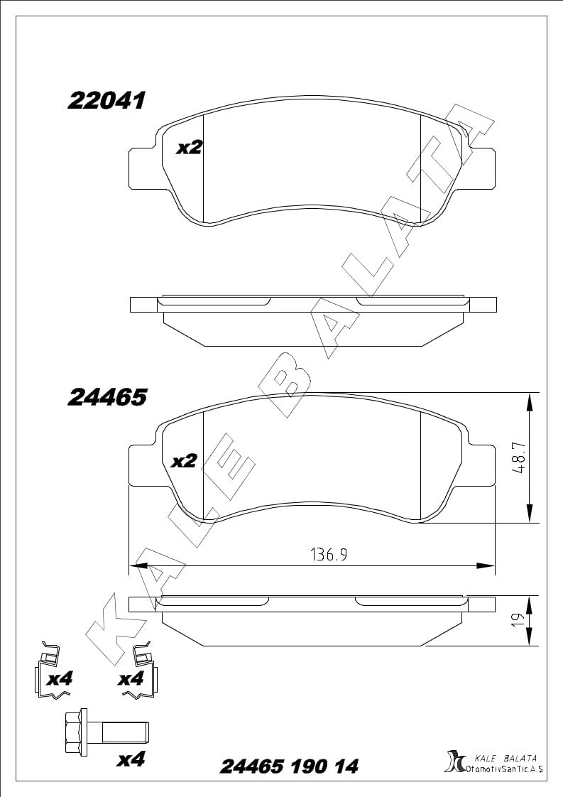 Disk Balata Ön Aksesuarlı 1007 2008 206 207 208 301 307 Partner C2 C3 C4 Pıcasso Elysee Ds3 (Ducato Boxer Jumper Iıı Arka) Kalebalata 24465 190 14