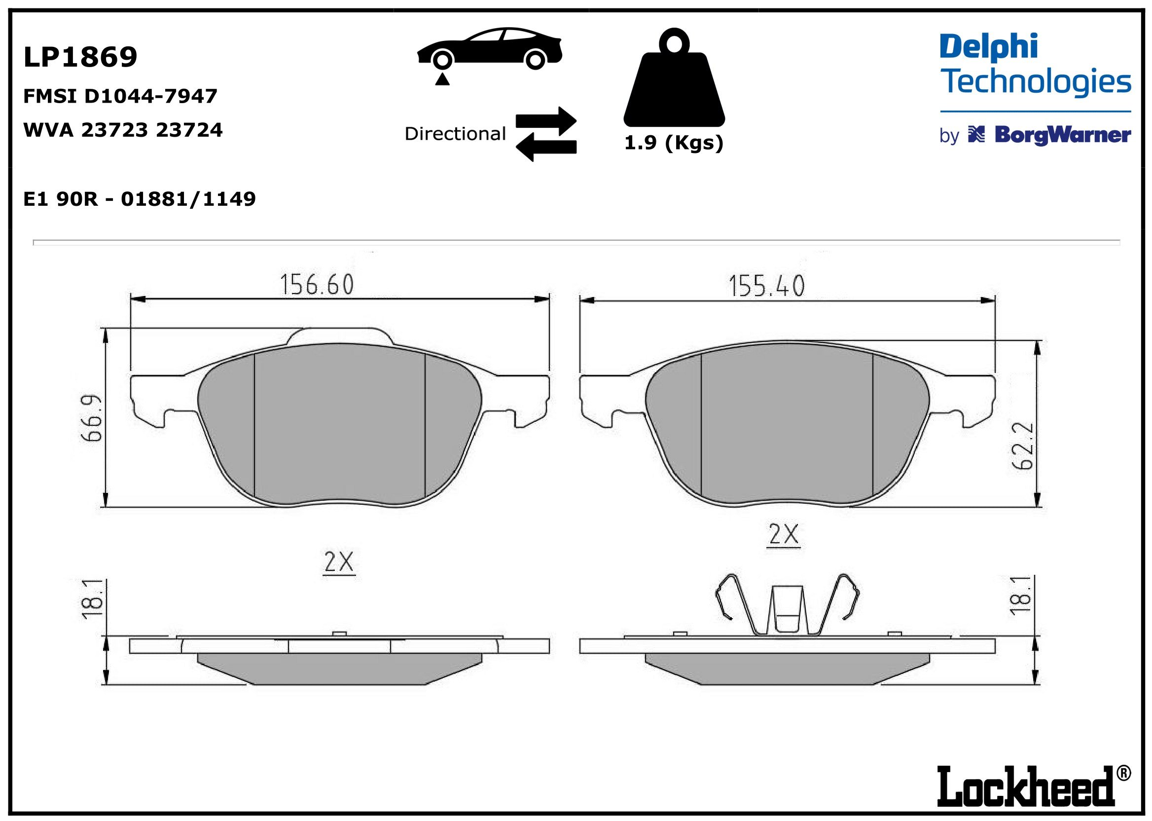 Disk Balata Ön C Max 07> Focus 04> Kuga 08>12 Mazda 3 09>13 Mazda 5 05> C30 C70 06>13 S40 04>12 V40 12> V50 04>12 Delphı LP1869