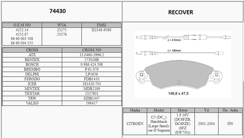 Disk Balata Ön  C5 I 01>04 C5 Iı 04> Recover 74430