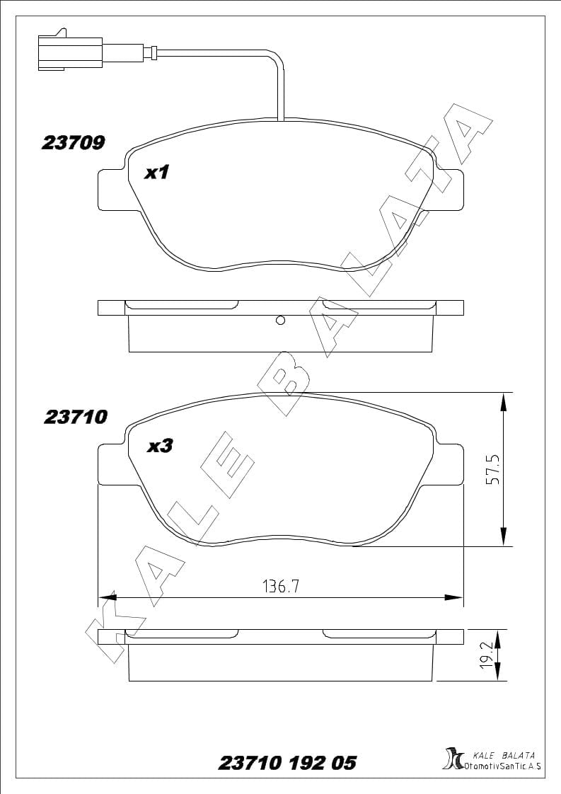Disk Balata Ön Fişli Büyük Tip 284Mm Disk İçin Doblo 10> Grande Punto 05> Lınea 07> Punto 12> Punto Evo 08>12 Kalebalata 23710 192 05