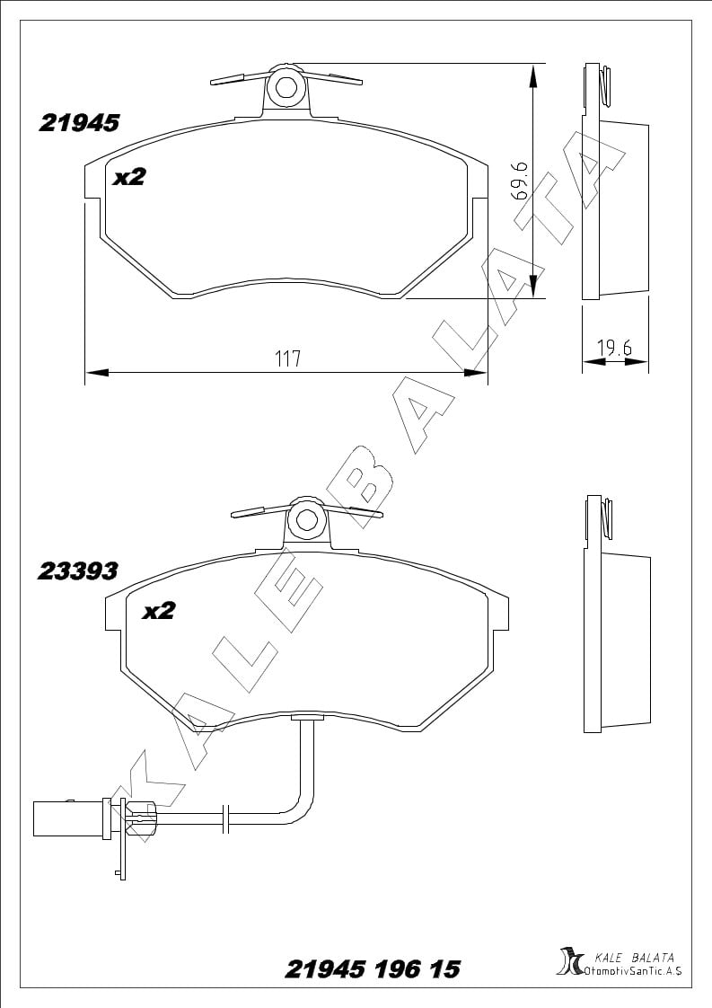 Disk Balata Ön Fişli Passat 96>01 A4 94>01 Kalebalata 21945 196 15