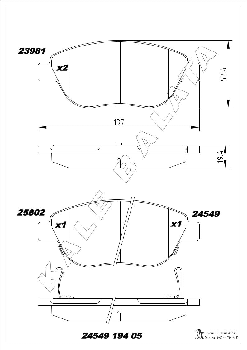 Disk Balata Ön Fişsiz Aksesuarsız 500 L 12> Corsa D 06>14 Emgrand 10> Kalebalata 24549 194 05