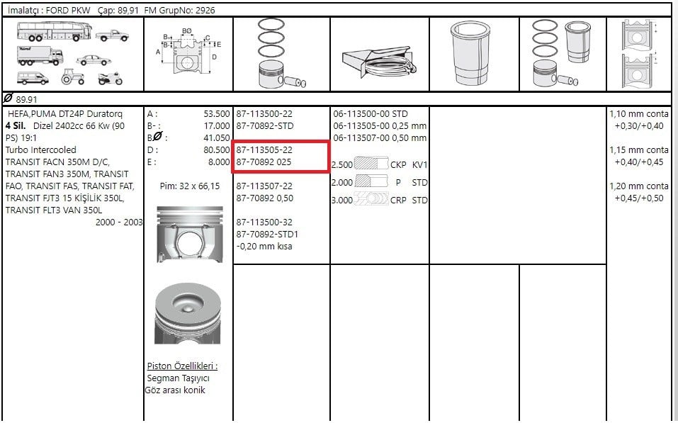 Piston Segman 89.90 Transit V.1842.4 D 90Ps 01>0 F.Mogul 87-70892 025