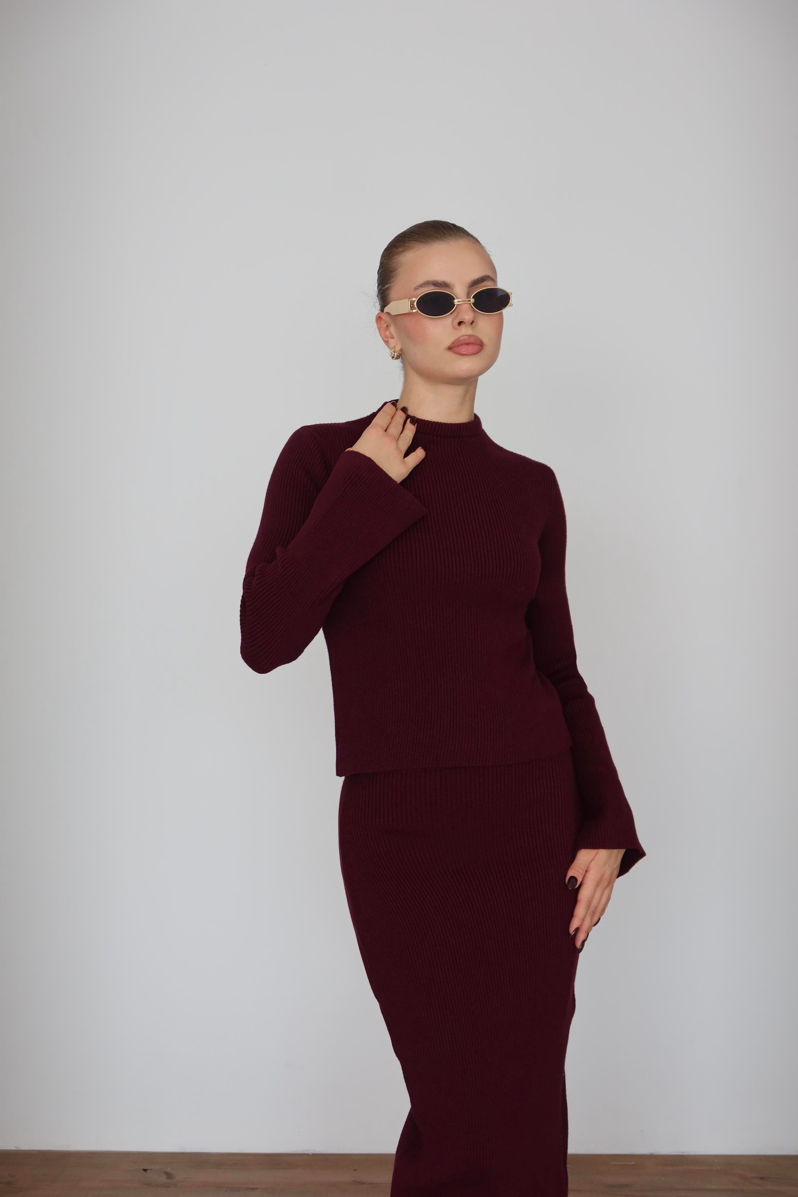 Basic Triko Etek Takım Bordo