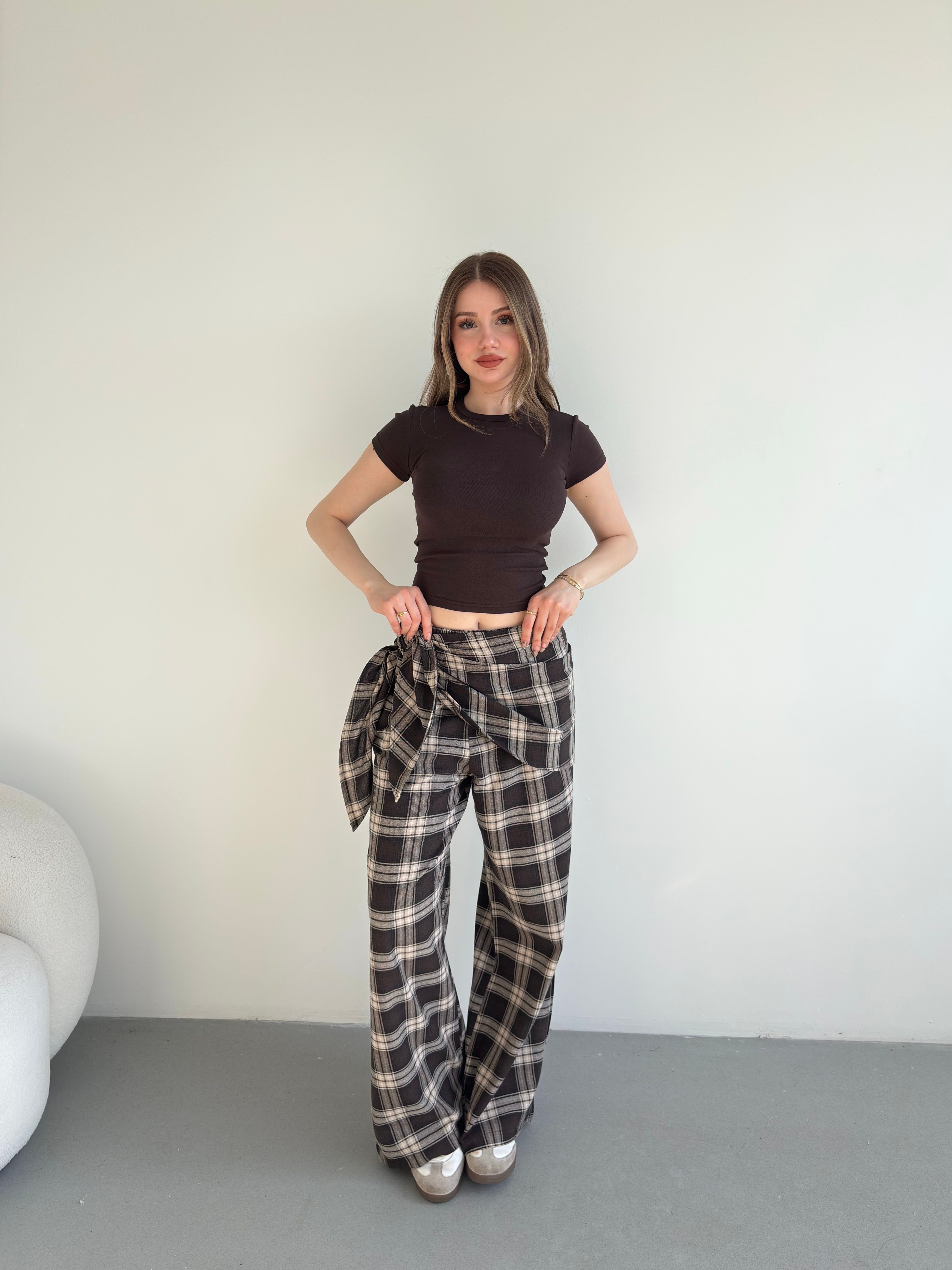 Fularlı Keten Ekose Pantolon