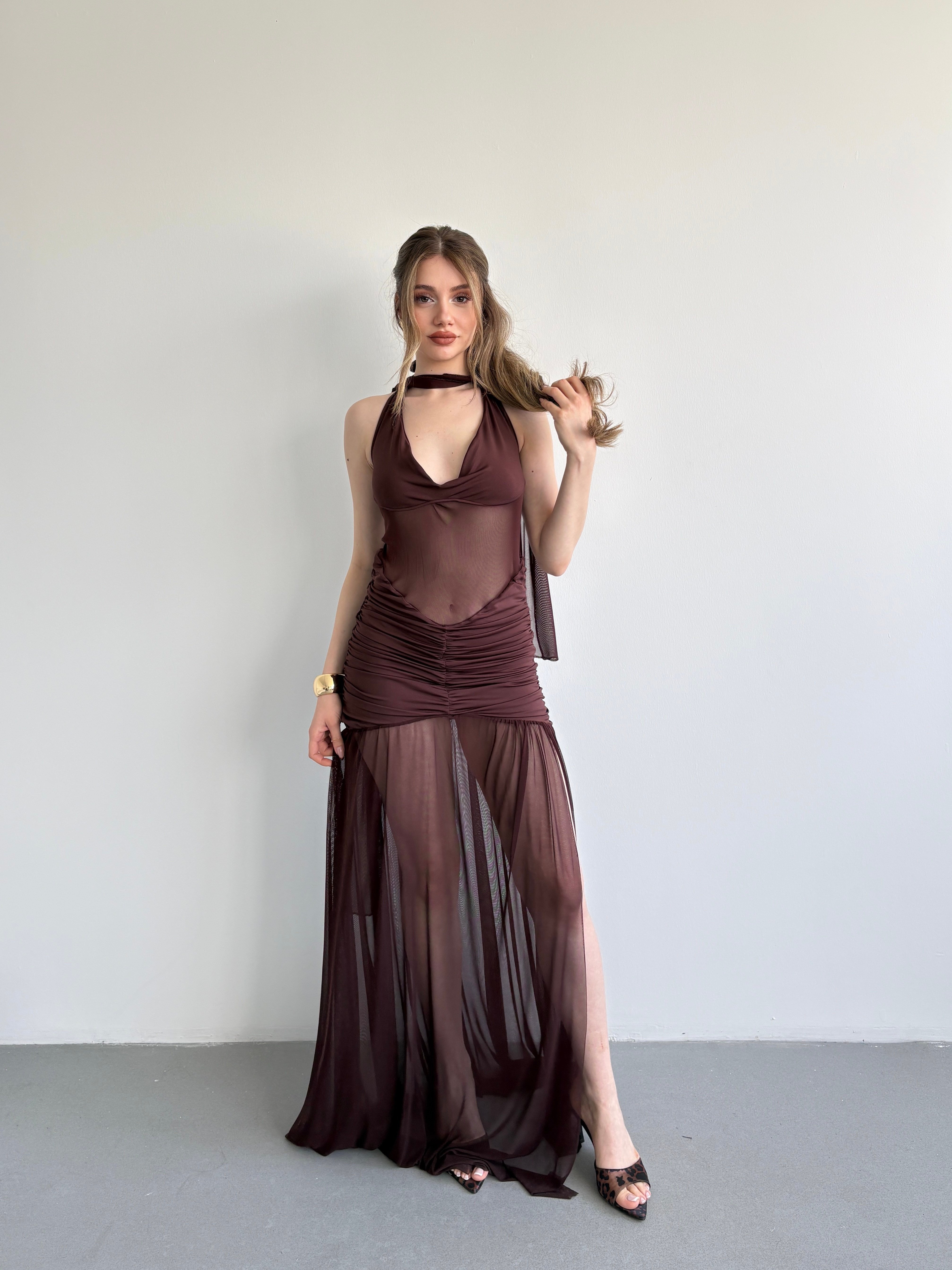 Halter Şallı Transparan Elbise