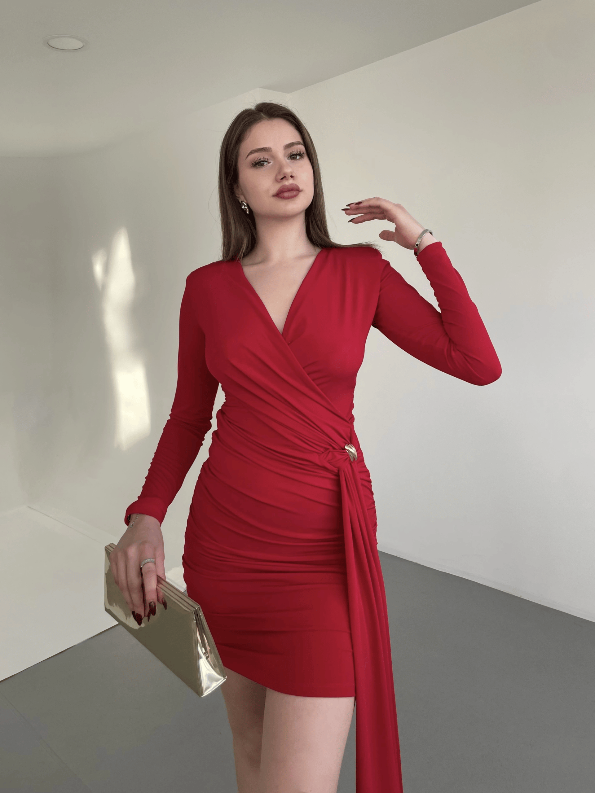 Kruvaze Gold Taşlı Elbise