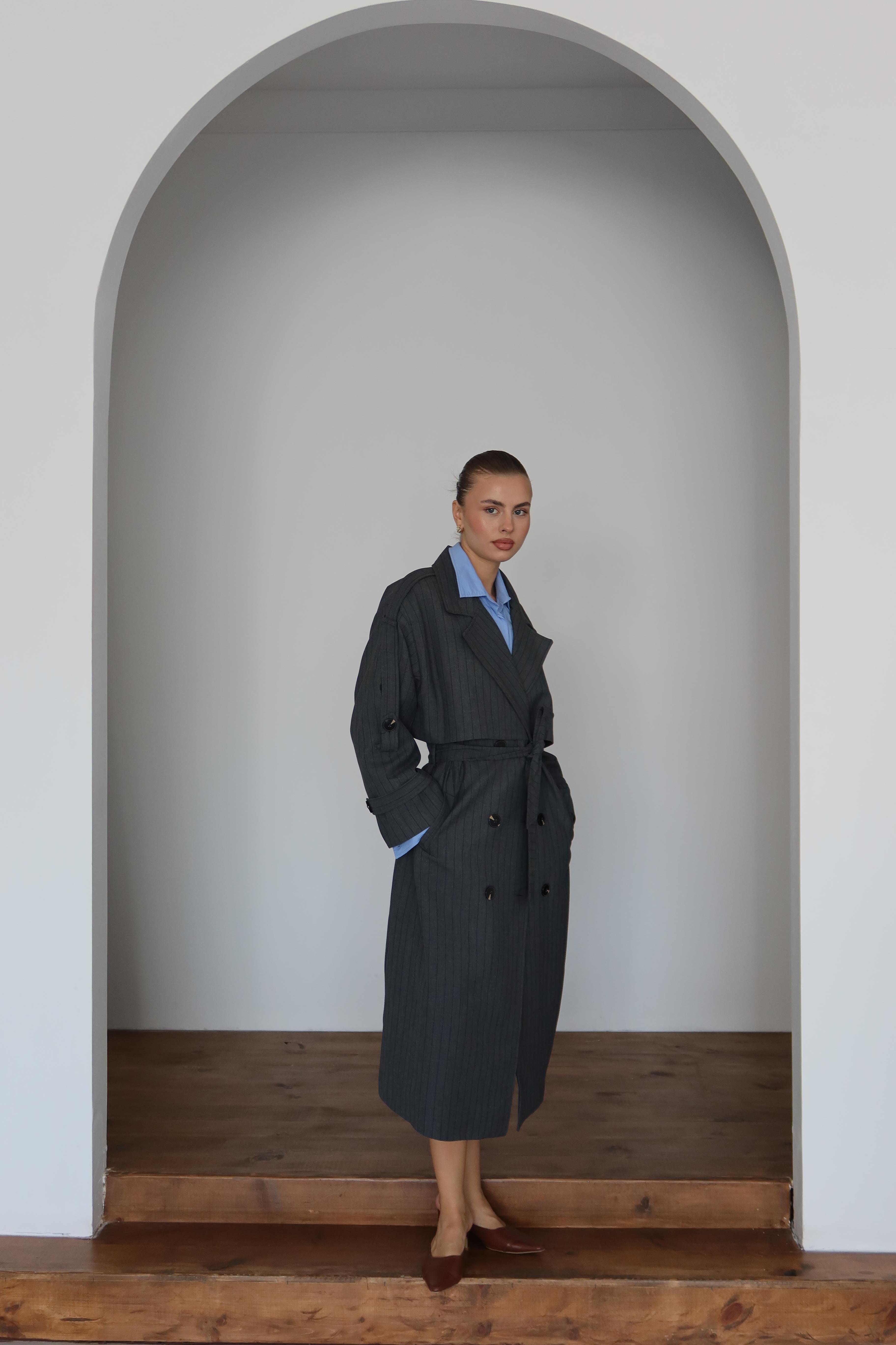 Lined Oversize Trençkot Gri