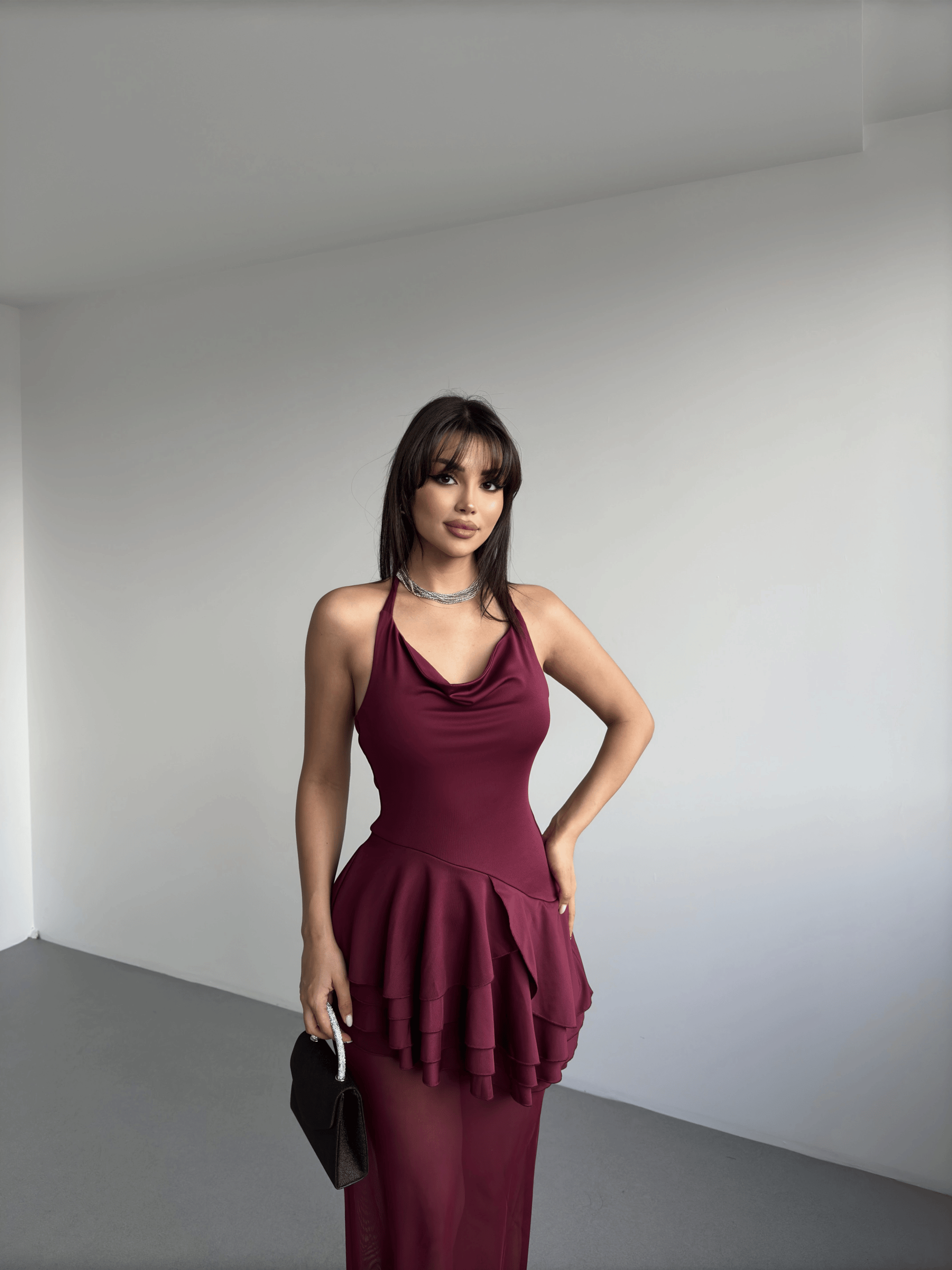 Monica Tül Detay Uzun Elbise