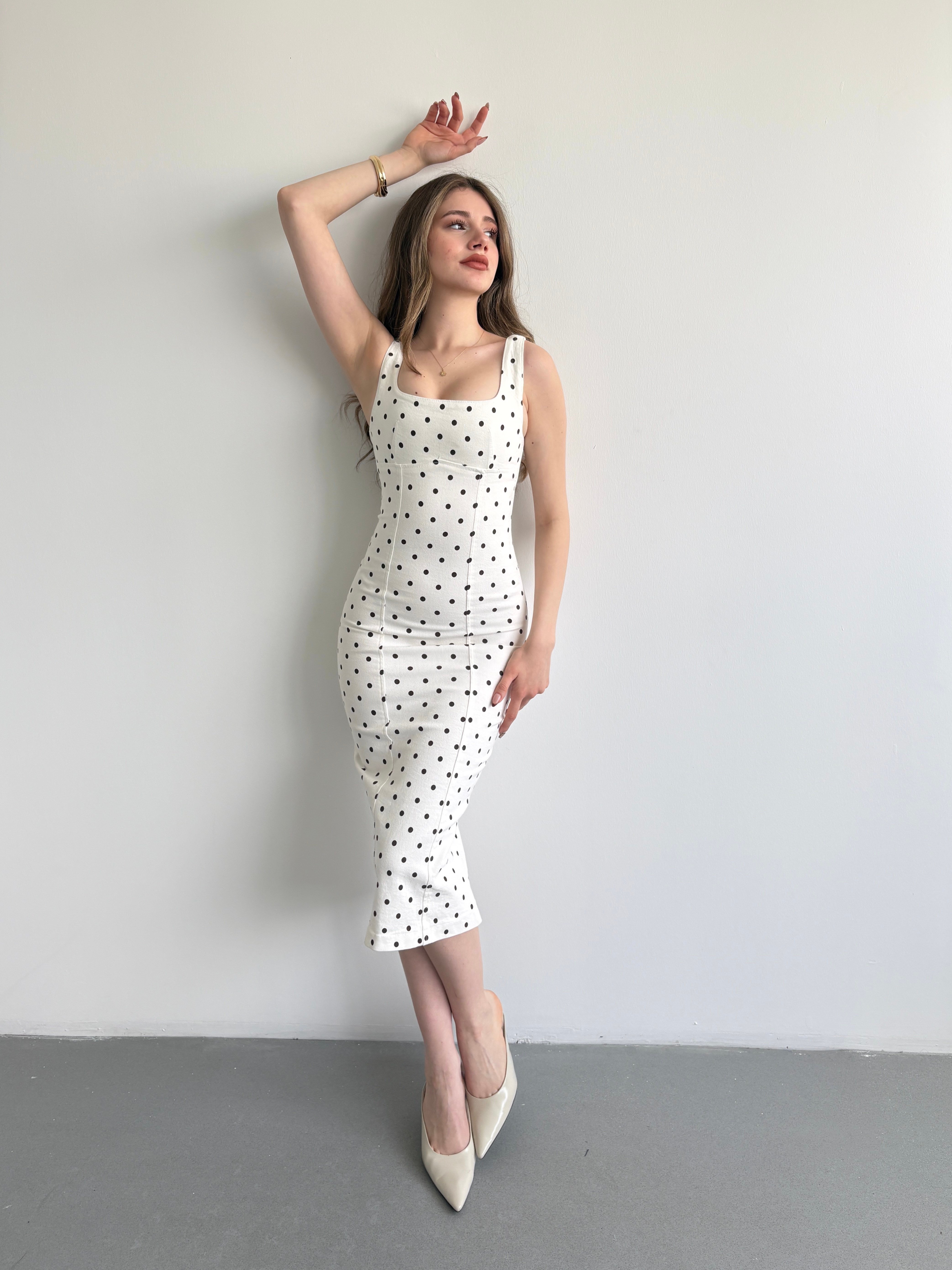 Puantiyeli Denim Midi Elbise