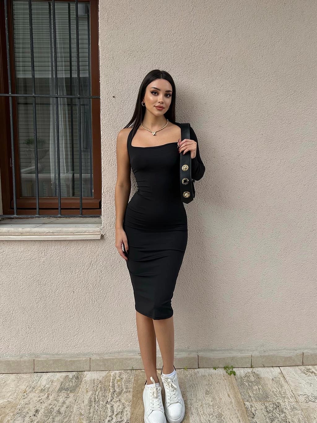 Tek Kol Polyemit Kumaş Elbise