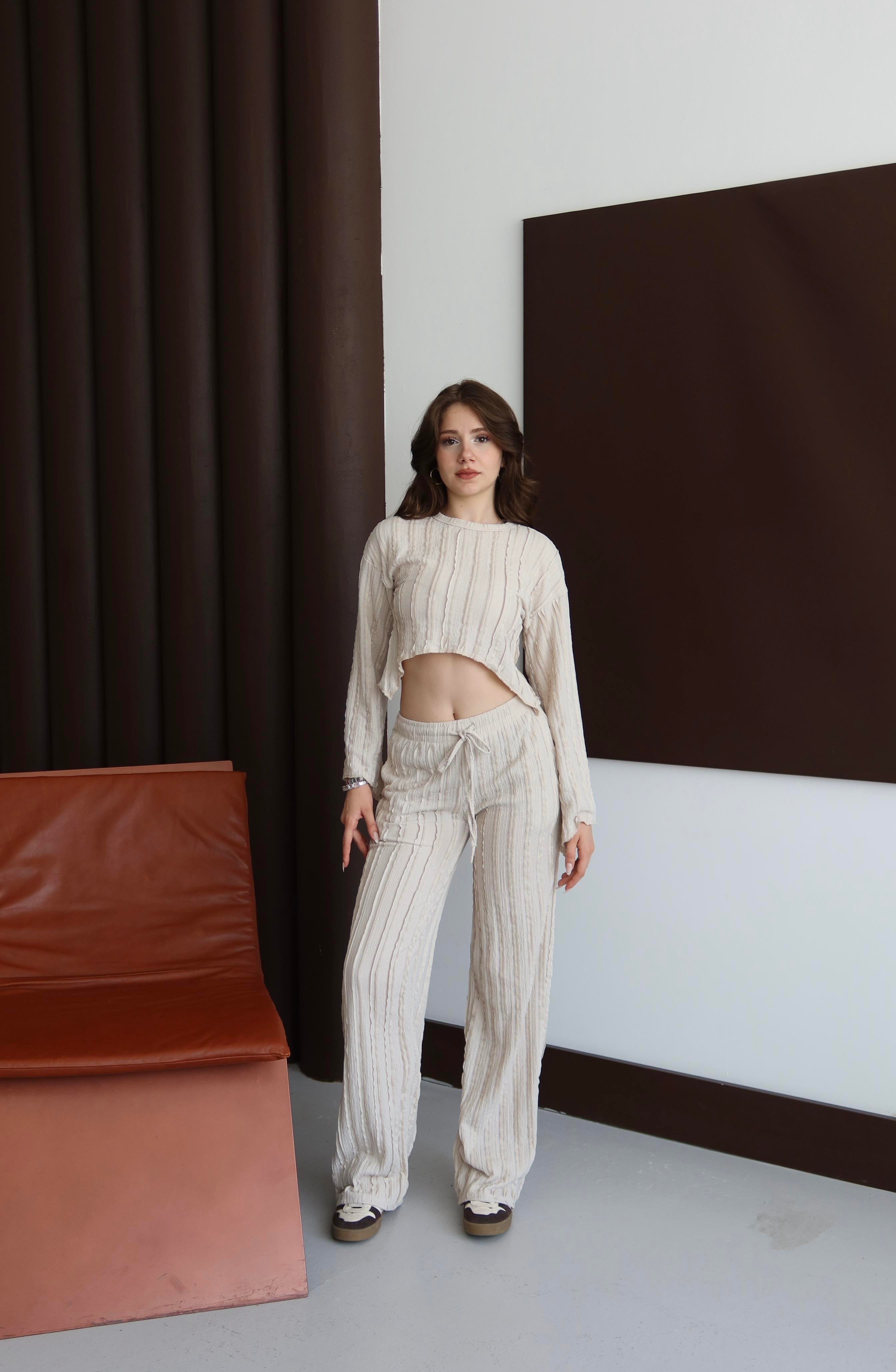 Ters Dikişli Oversize Takım Bej