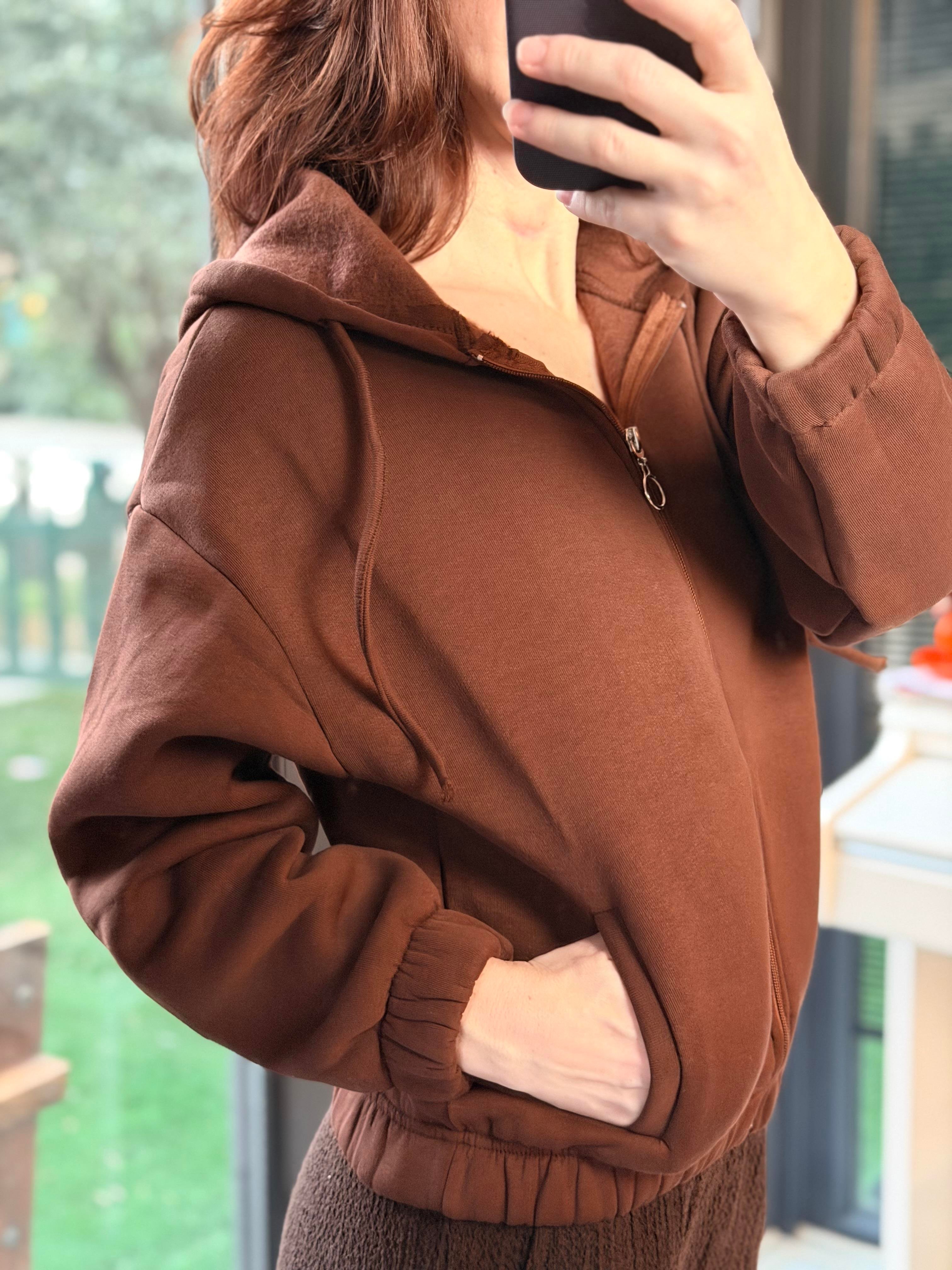 Kapüşonlu Kısa Kahverengi Sweatshirt 