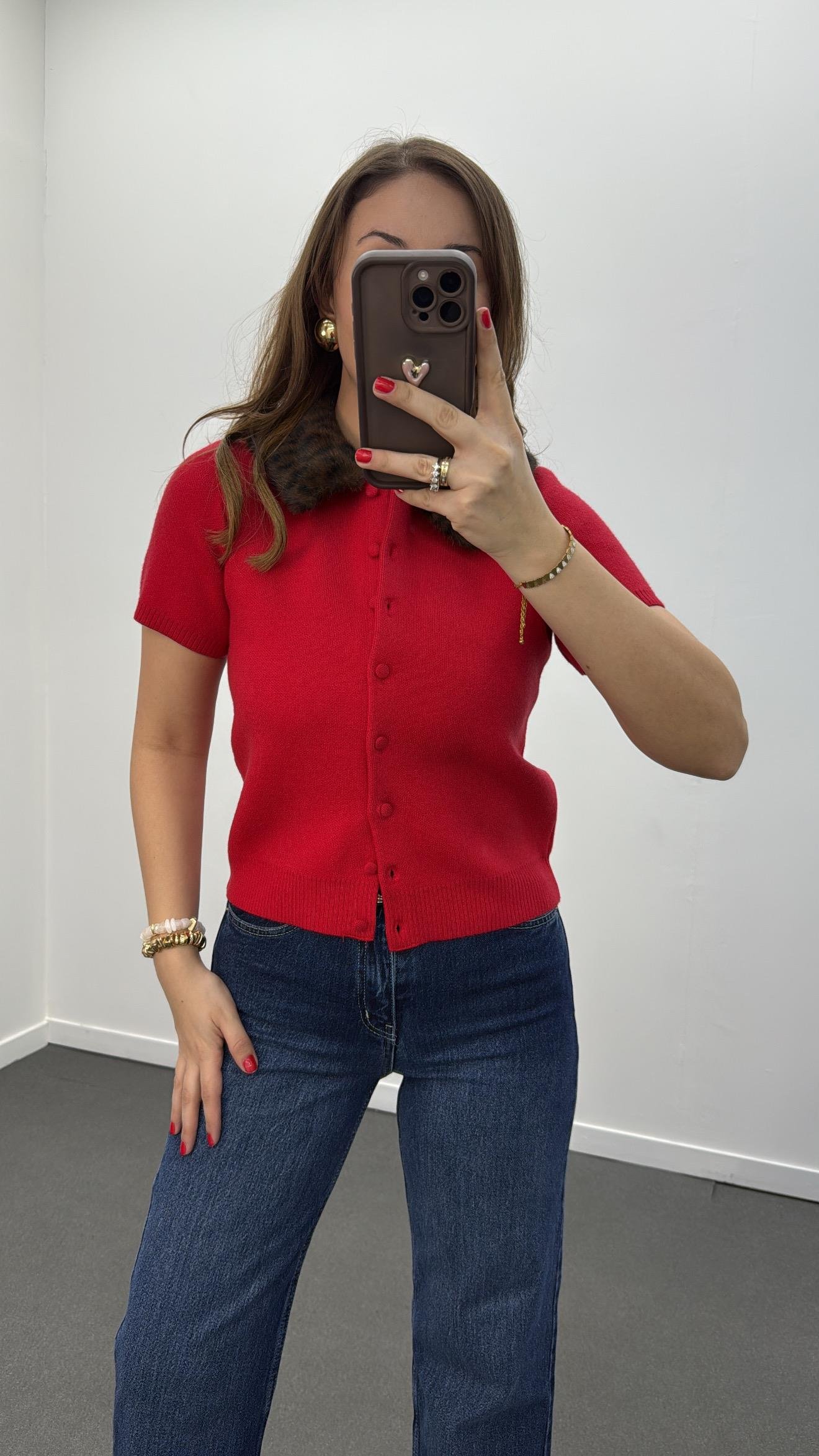 Aisha Kırmızı Leopar Kürk Yaka Düğmeli Triko