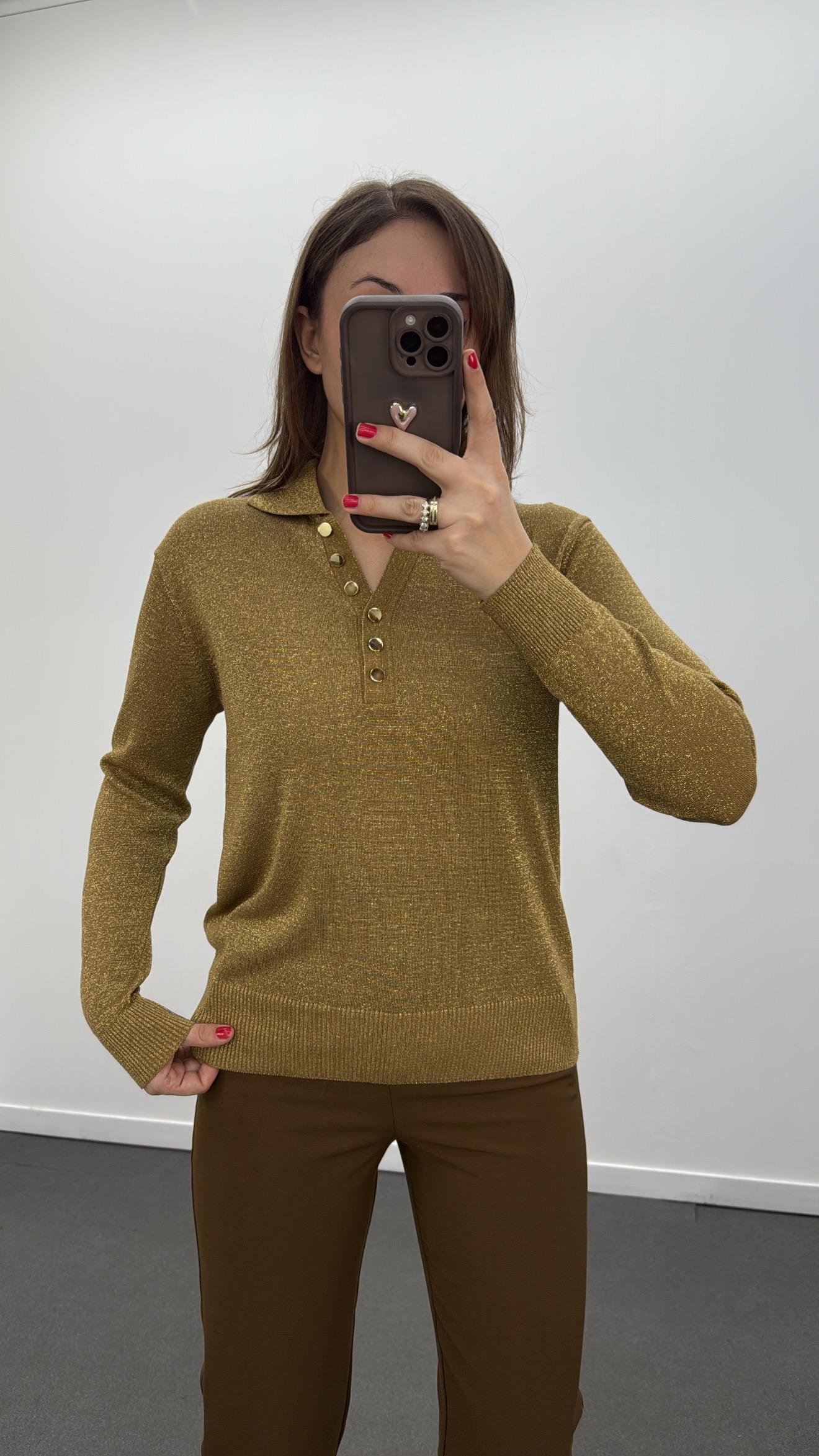 Alba Gold Renk Simli Polo Yaka Bluz