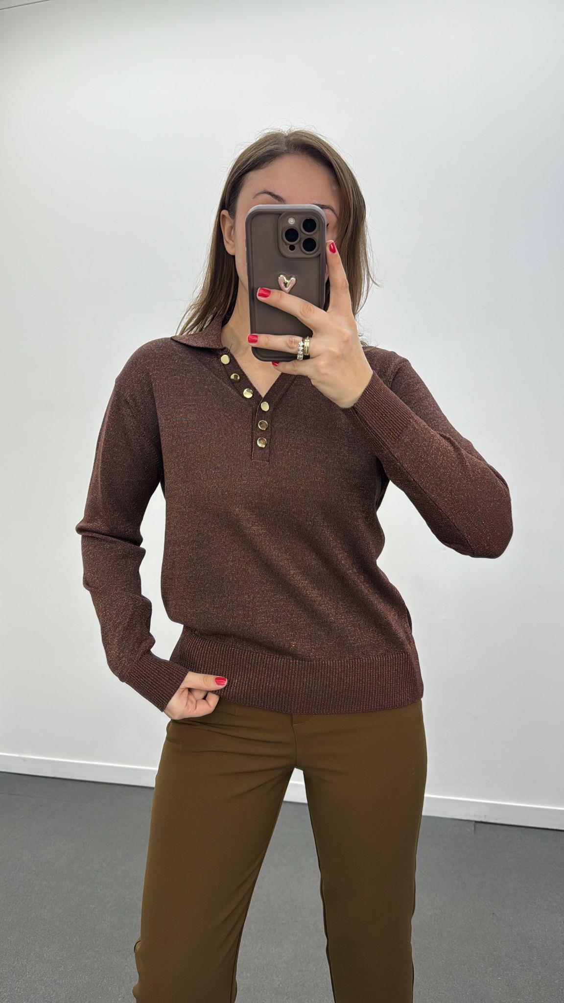 Alba Kahverengi Simli Polo Yaka Bluz