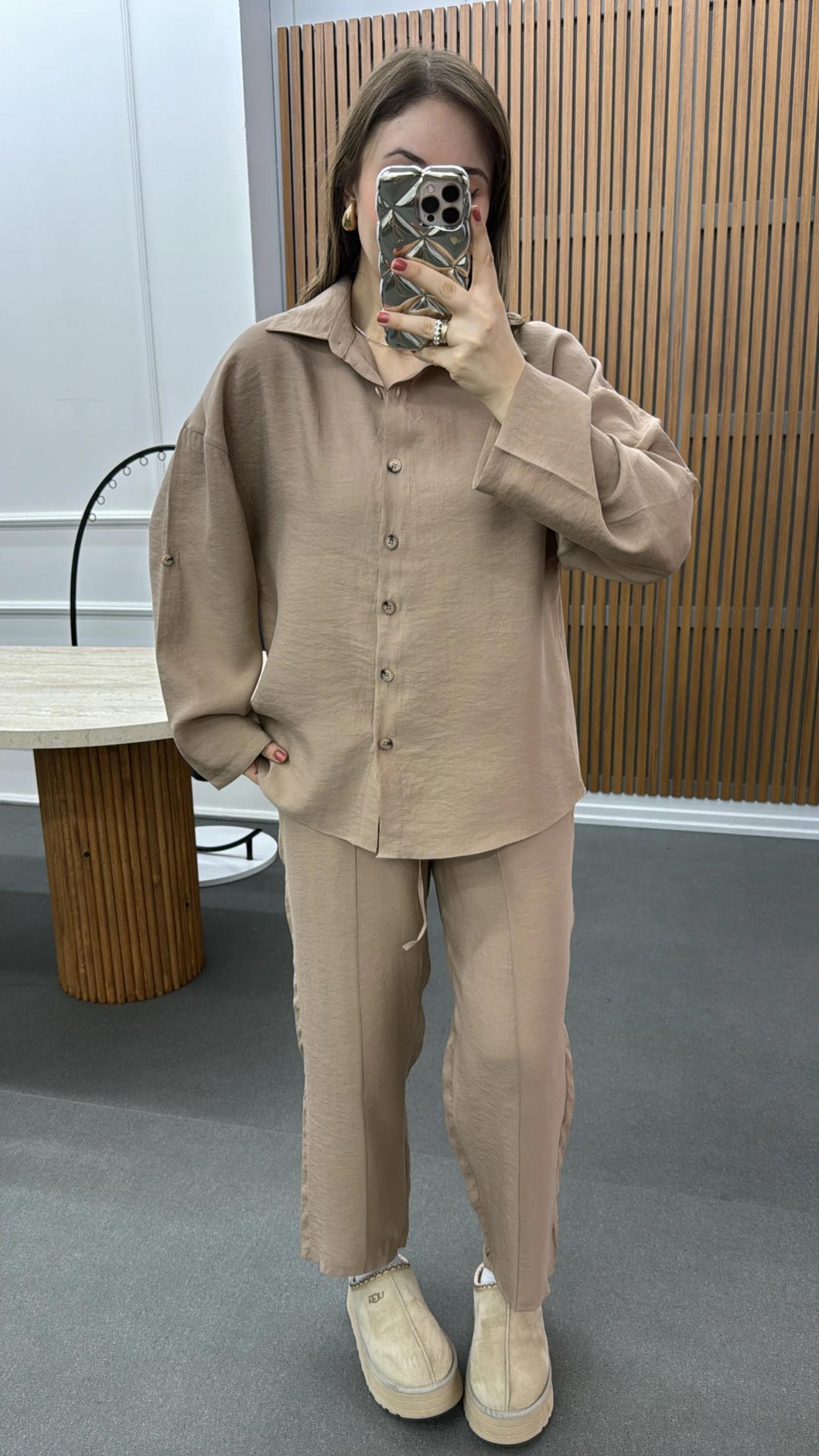 Alita Bej Tensel Gömlek Ve Pantolon Takımı