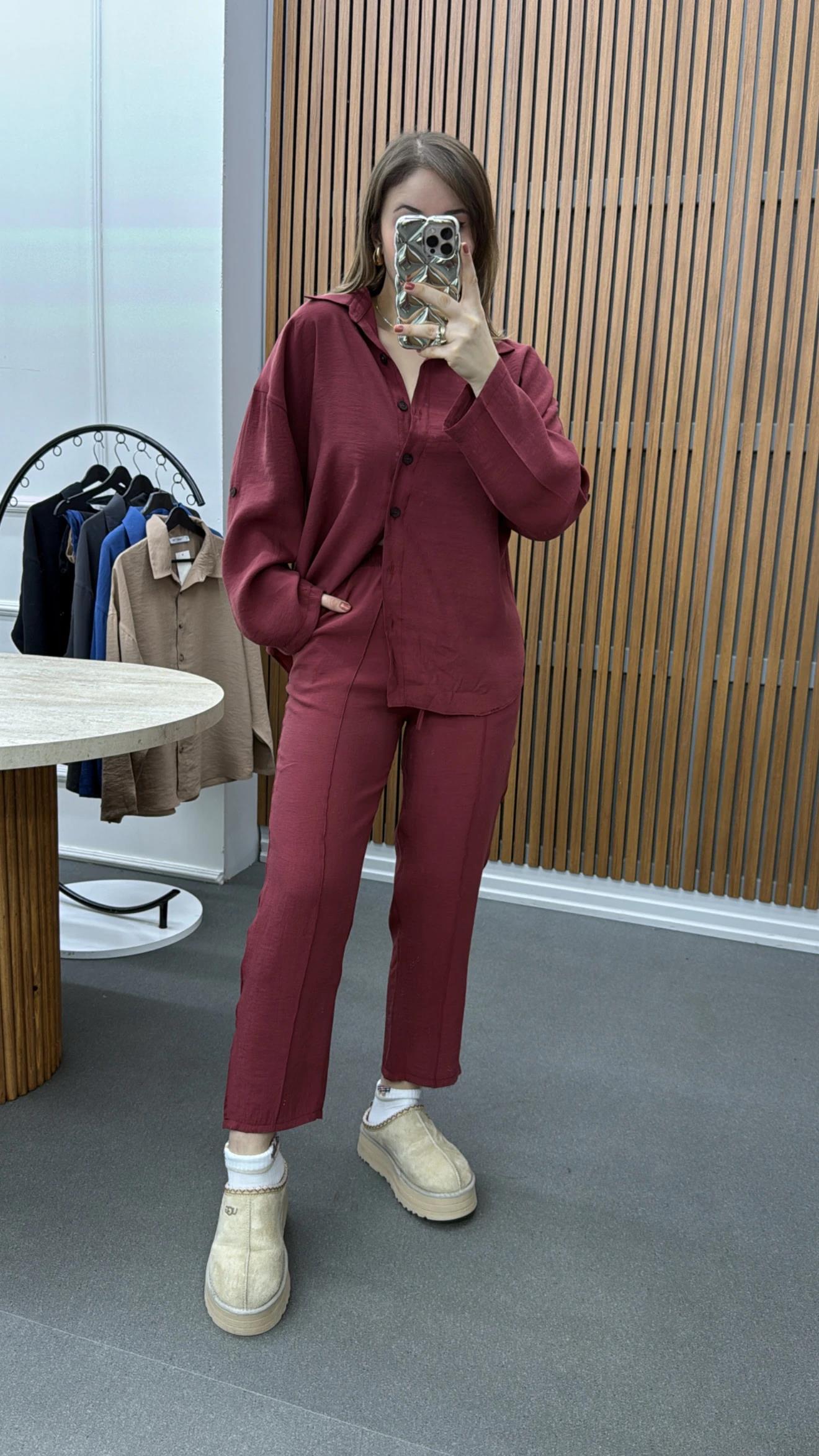 Alita Bordo Tensel Gömlek Ve Pantolon Takımı