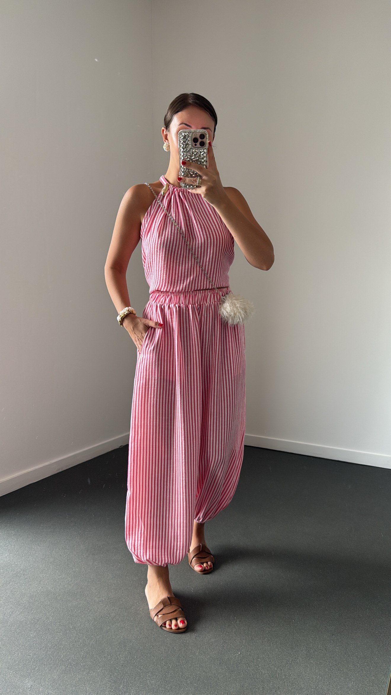 Amalfi Pembe Beyaz Çizgili Keten Bluz Ve Şalvar Takım
