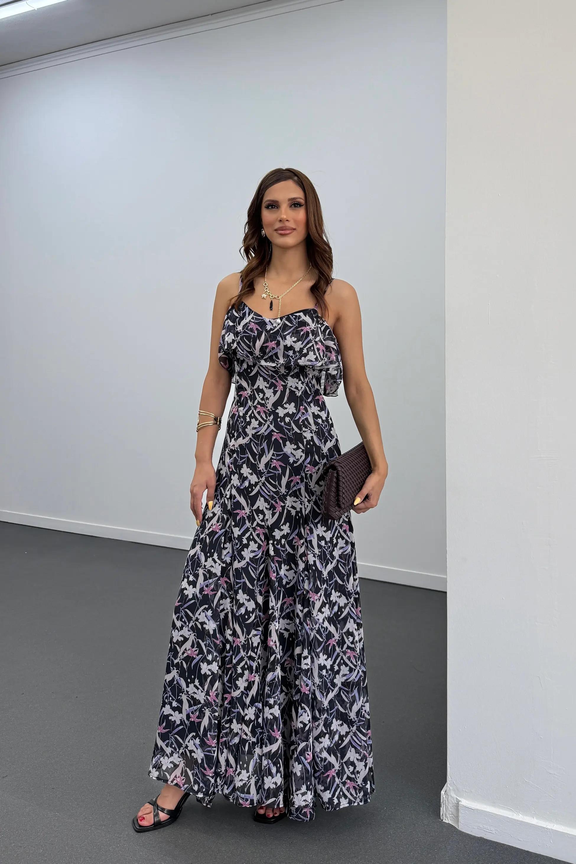 Amire Siyah Desenli Askılı Maxi Elbise